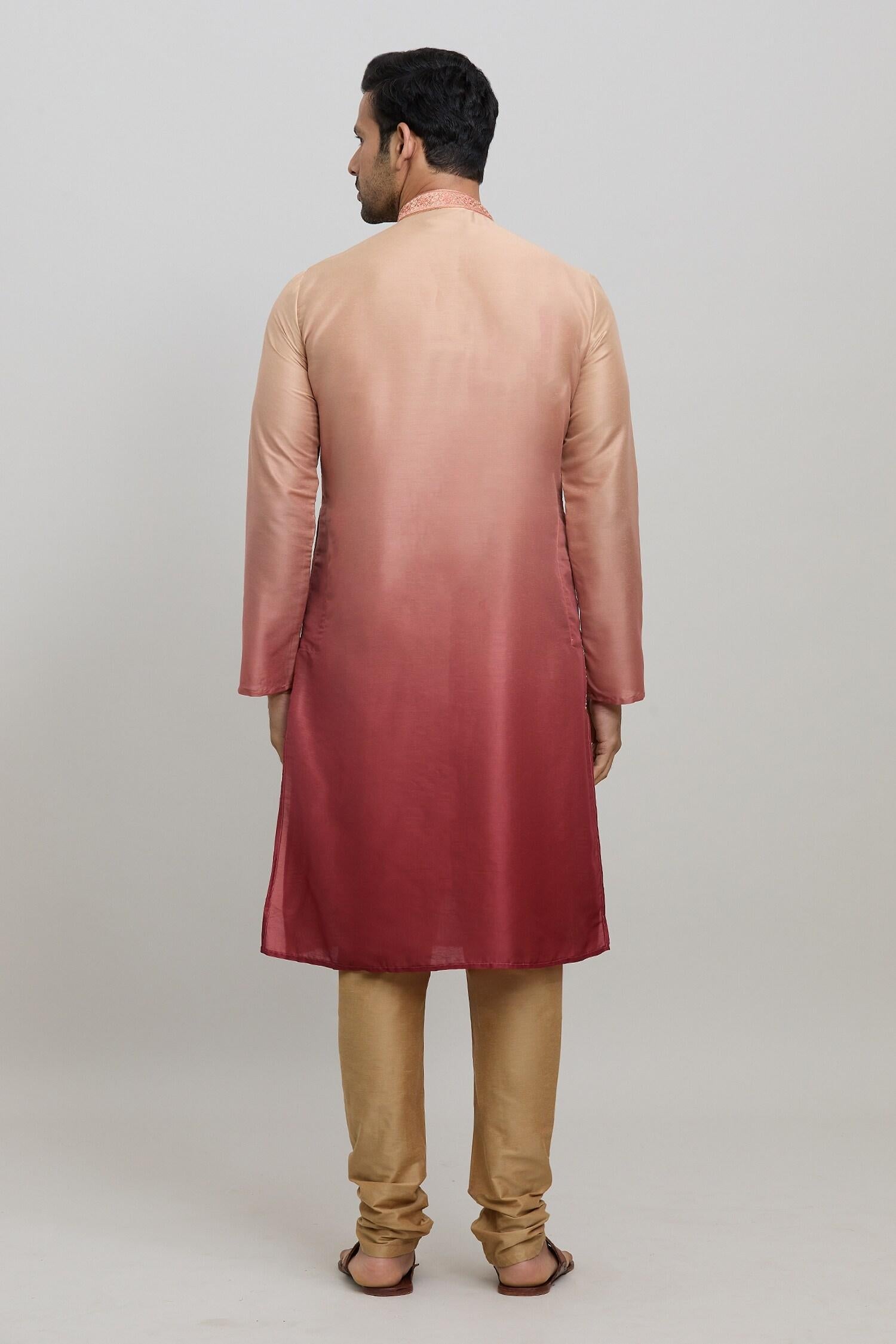 Kurta Set Orange Silk Polyester Embroidery Geometric Ombre