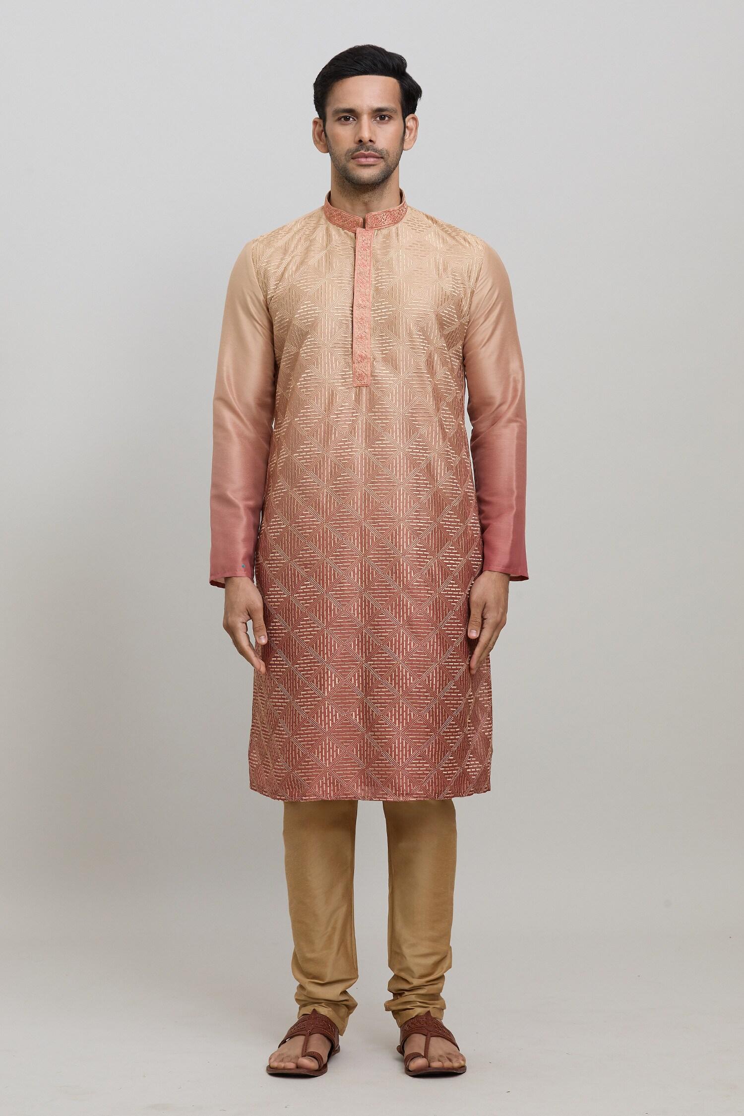 Kurta Set Orange Silk Polyester Embroidery Geometric Ombre