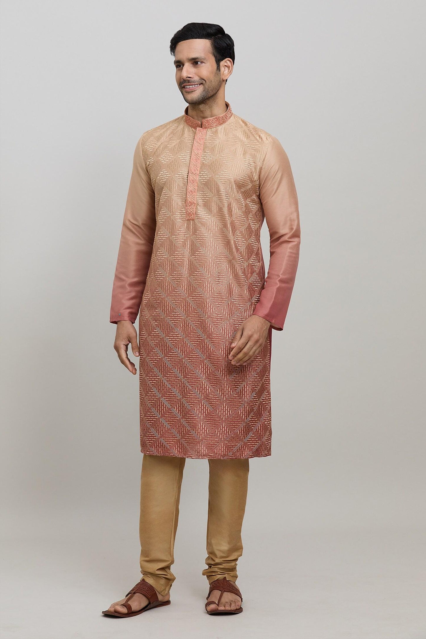 Kurta Set Orange Silk Polyester Embroidery Geometric Ombre