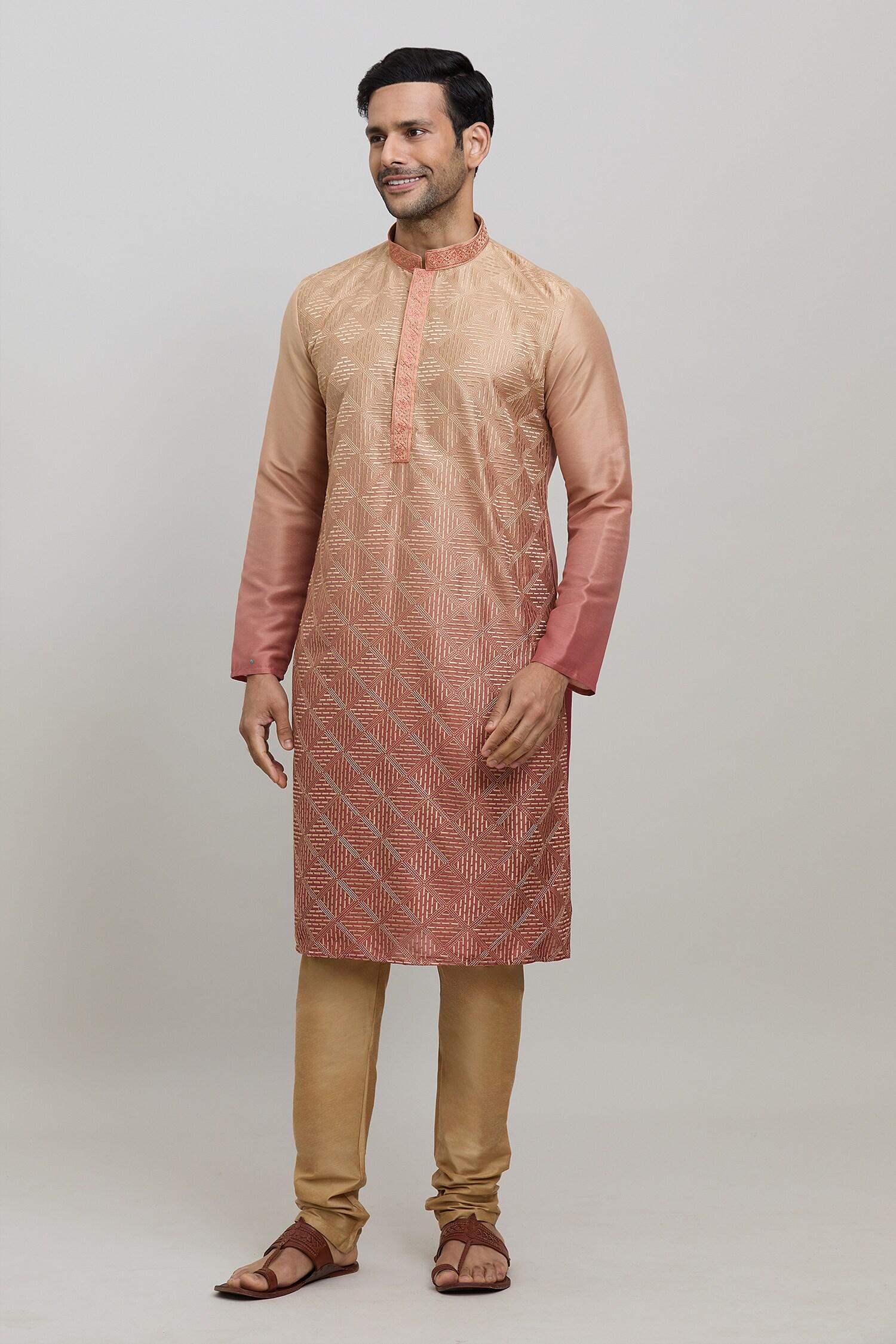 Kurta Set Orange Silk Polyester Embroidery Geometric Ombre