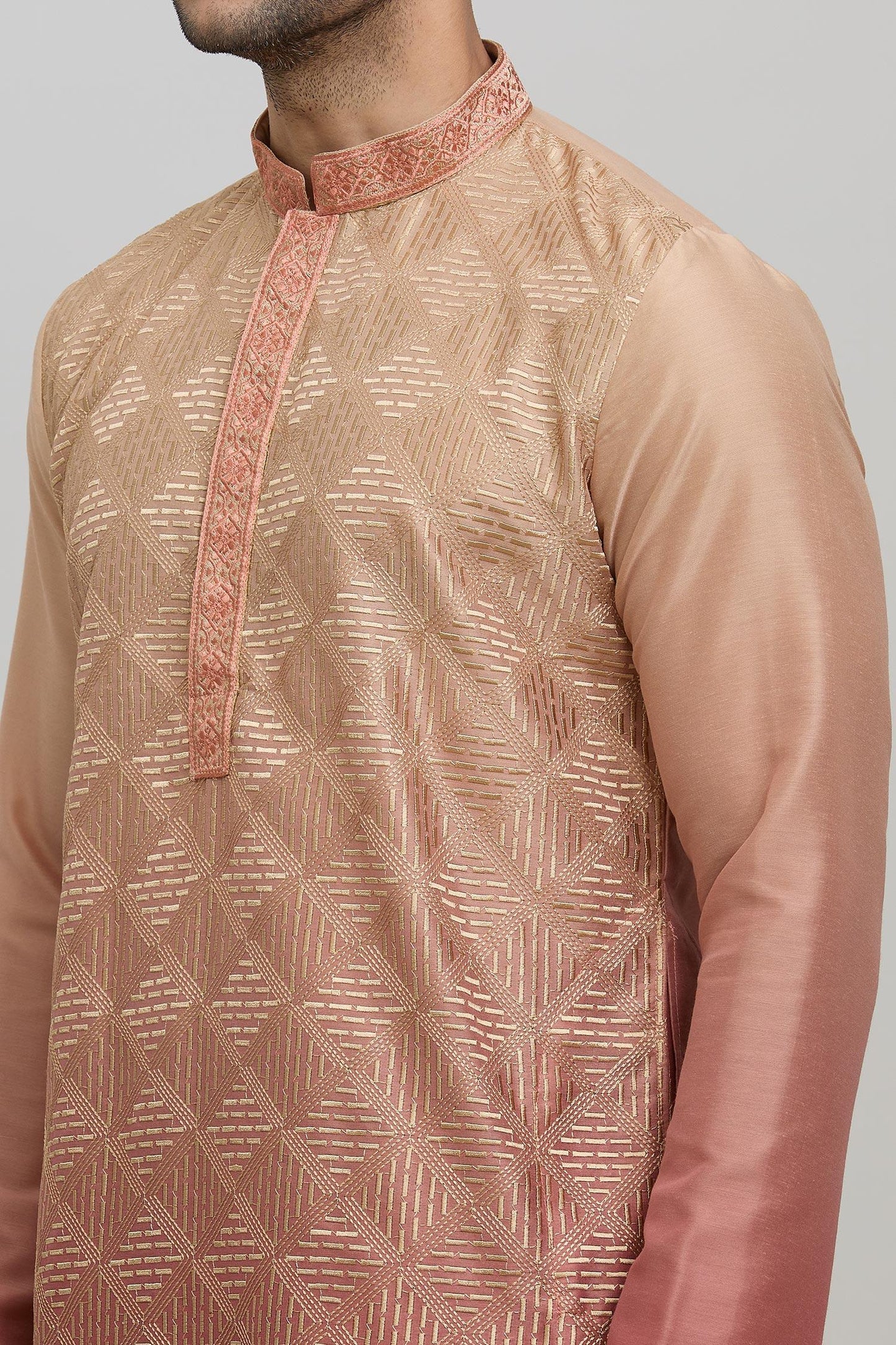Kurta Set Orange Silk Polyester Embroidery Geometric Ombre
