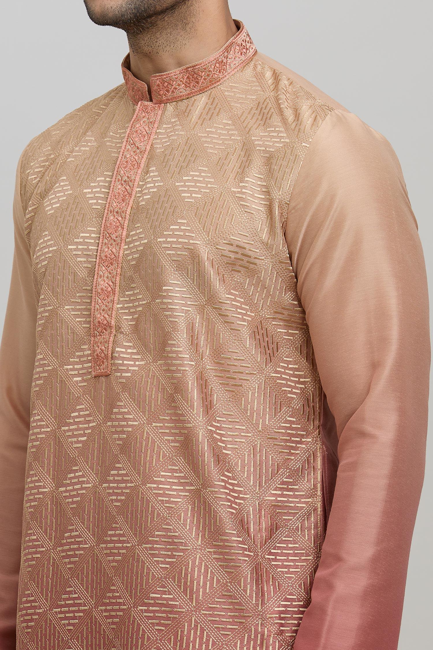 Kurta Set Orange Silk Polyester Embroidery Geometric Ombre