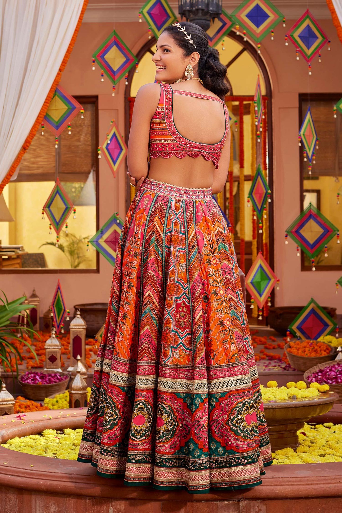 Orange Silk Sequins, Beads, Gota Gulnar Mughal Print Slit Lehenga Set With Pant - Designer Kurta Set