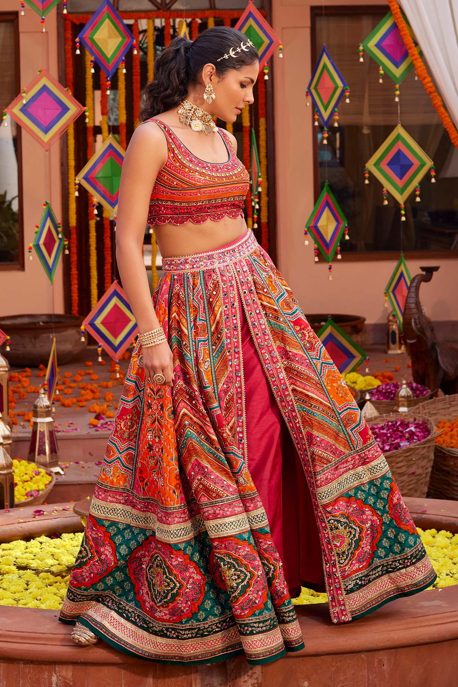 Orange Silk Sequins, Beads, Gota Gulnar Mughal Print Slit Lehenga Set With Pant - Designer Kurta Set