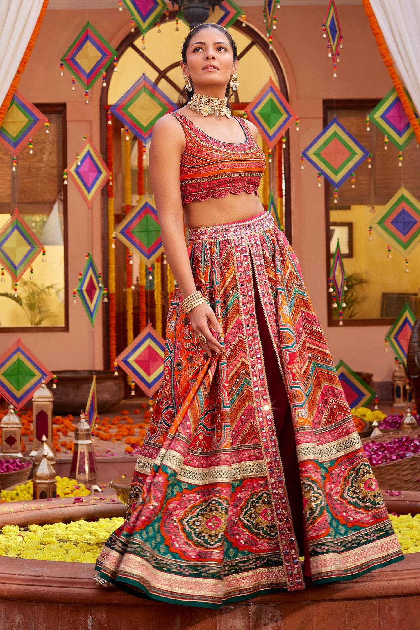 Orange Silk Sequins, Beads, Gota Gulnar Mughal Print Slit Lehenga Set With Pant - Designer Kurta Set