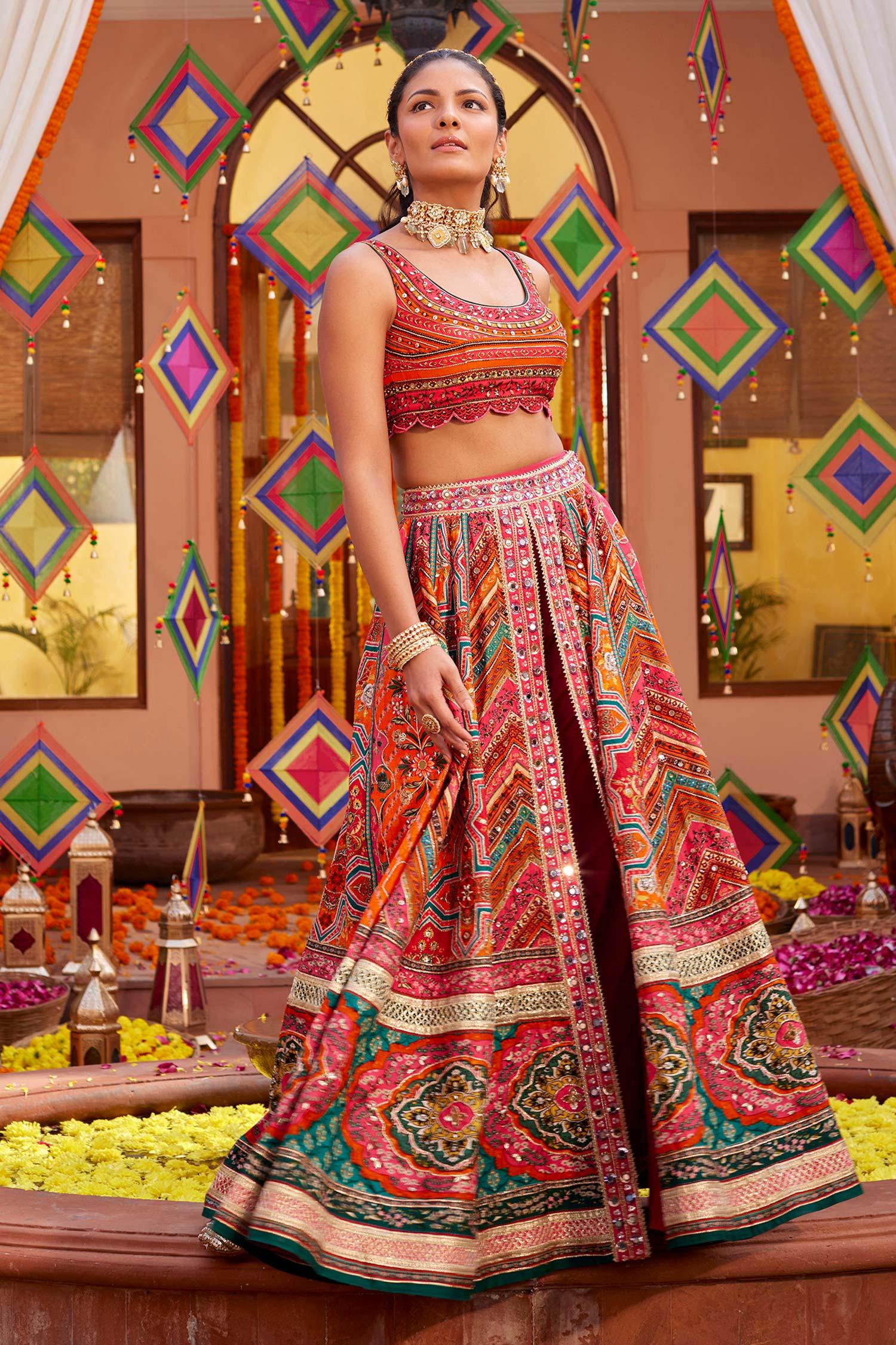 Orange Silk Sequins, Beads, Gota Gulnar Mughal Print Slit Lehenga Set With Pant - Designer Kurta Set