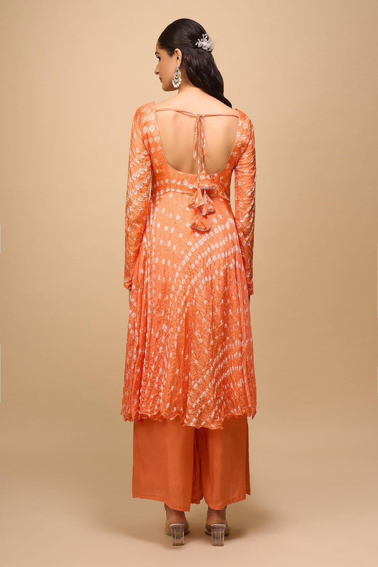 Orange Silk Square Neck Printed Anarkali Set - Designer Kurta Set