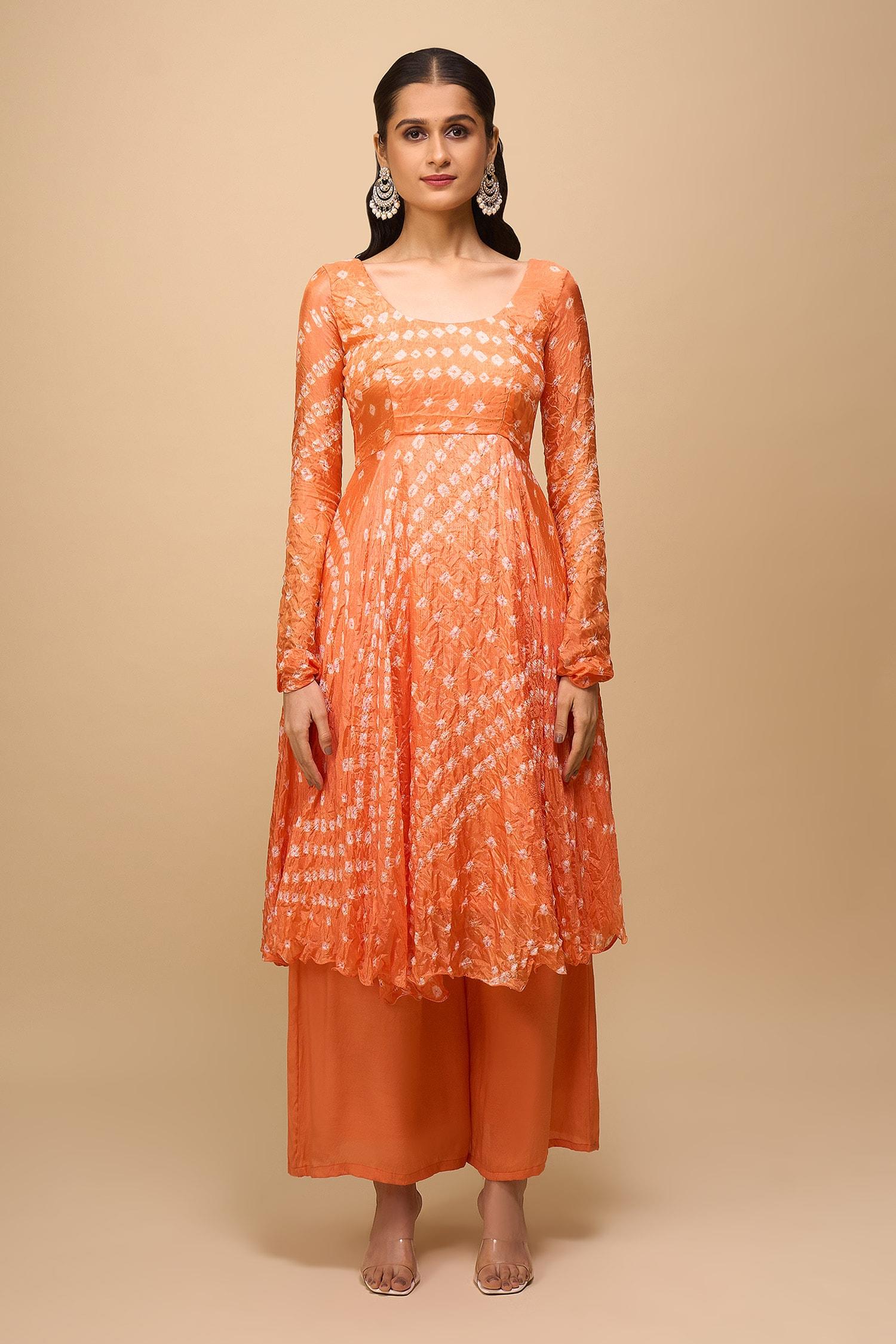 Orange Silk Square Neck Printed Anarkali Set - Designer Kurta Set