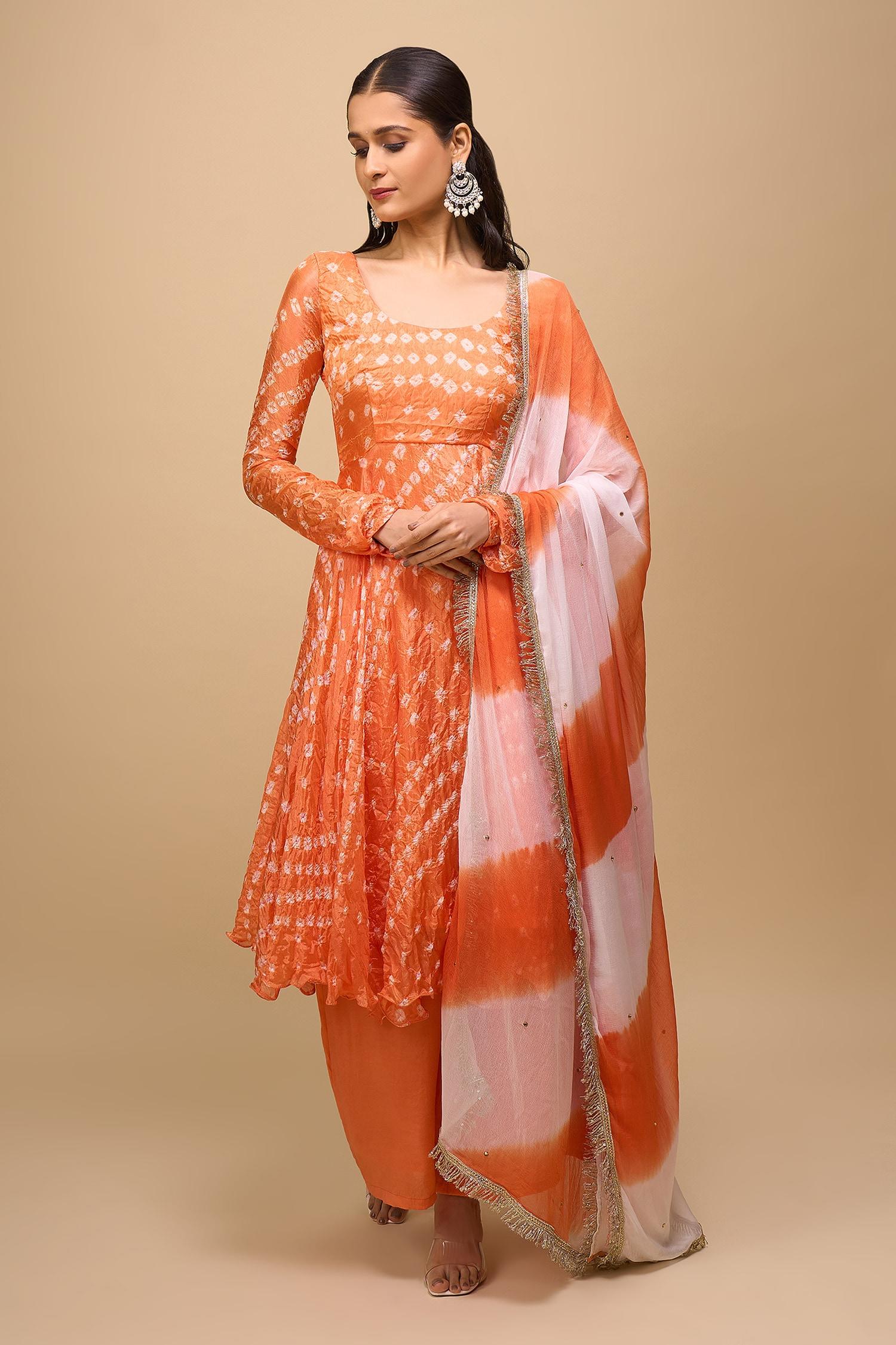 Orange Silk Square Neck Printed Anarkali Set - Designer Kurta Set