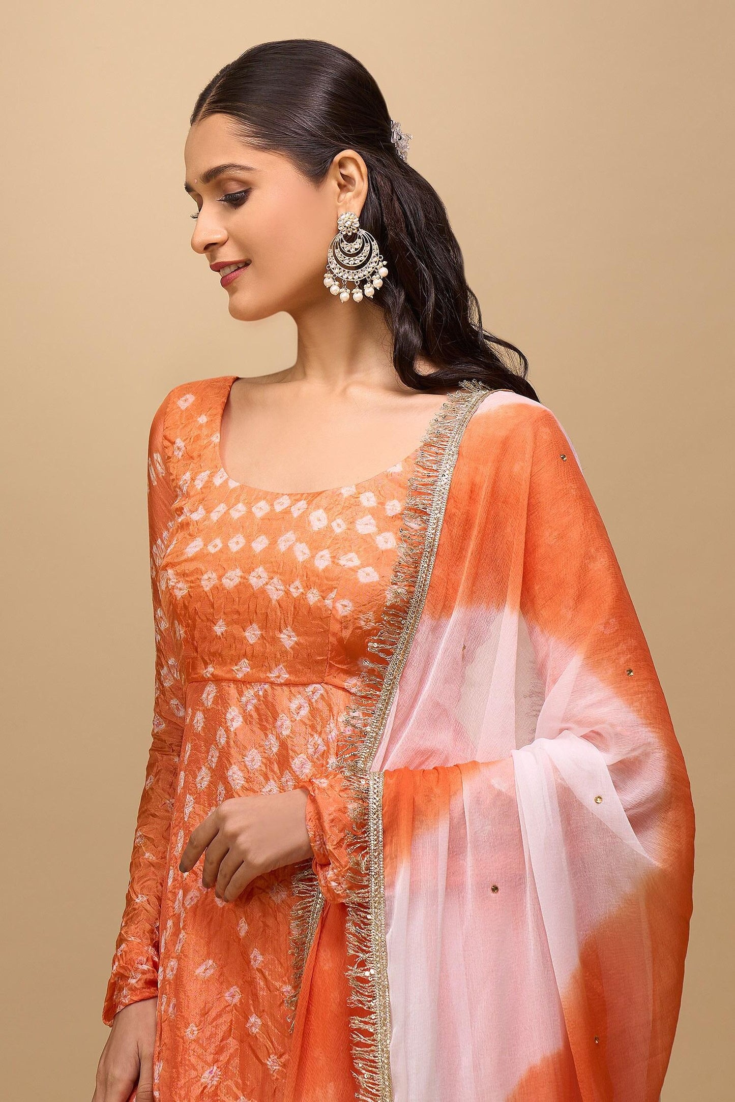 Orange Silk Square Neck Printed Anarkali Set - Designer Kurta Set