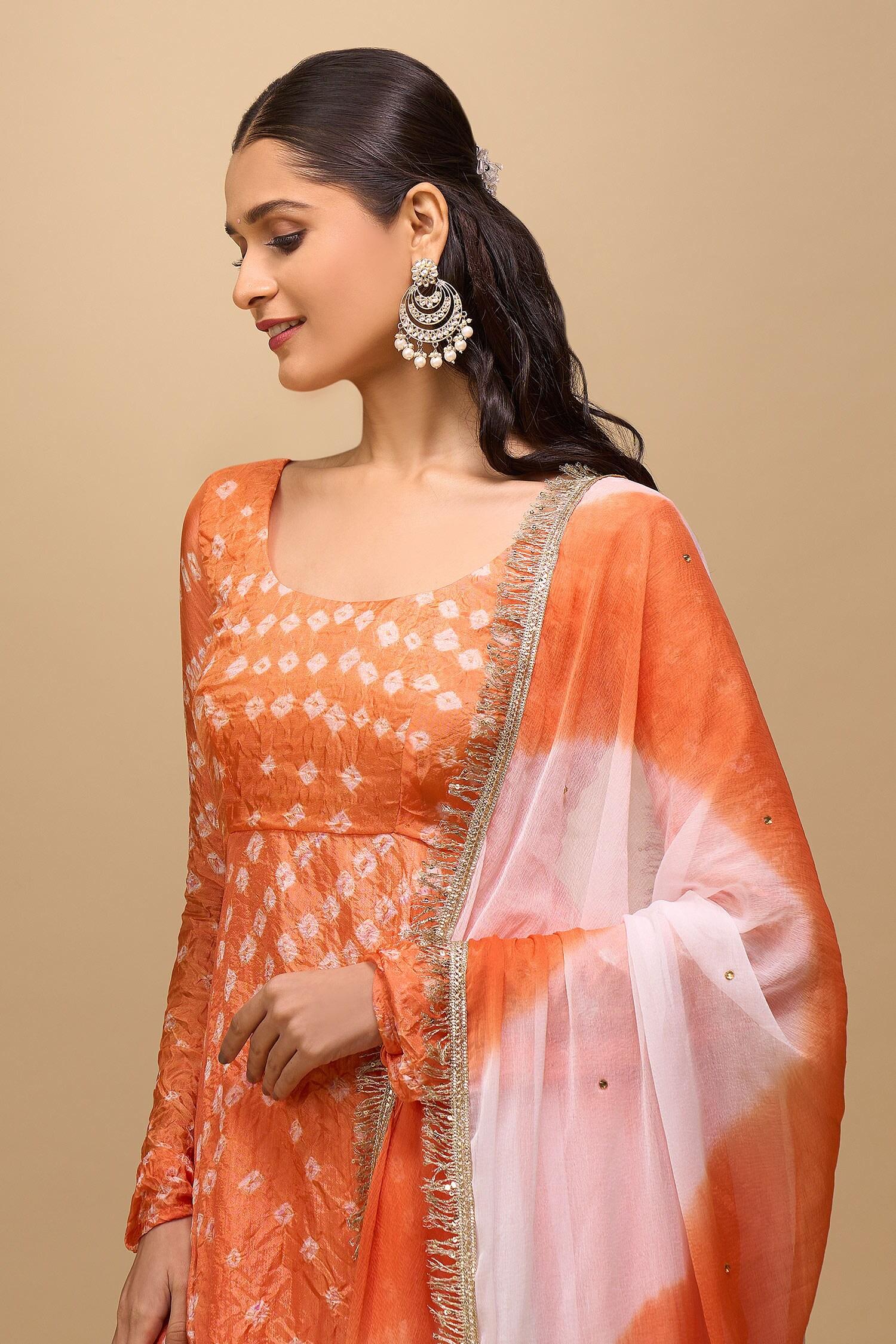 Orange Silk Square Neck Printed Anarkali Set - Designer Kurta Set