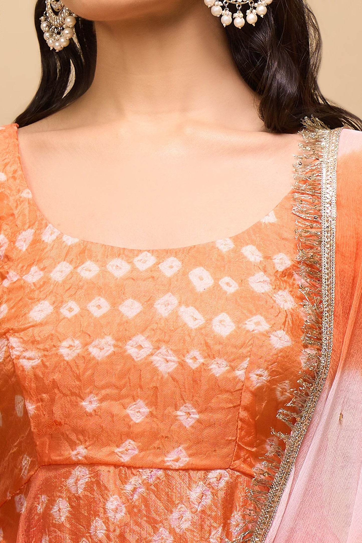 Orange Silk Square Neck Printed Anarkali Set - Designer Kurta Set