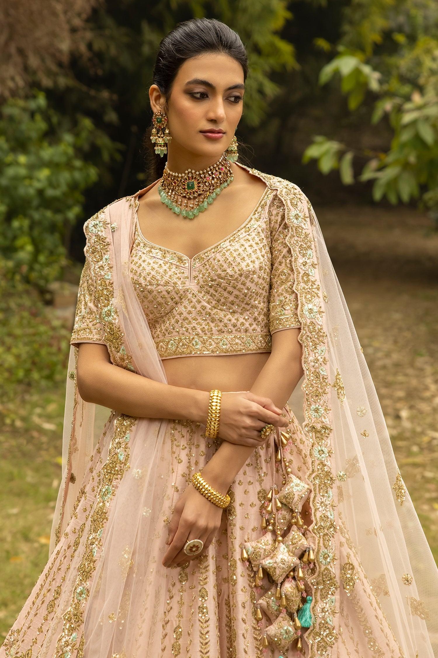 Peach Dupattas- Net, Lehenga And Blouse- Raw Silk Zardozi Embroidered Bridal Set - Designer Kurta Set