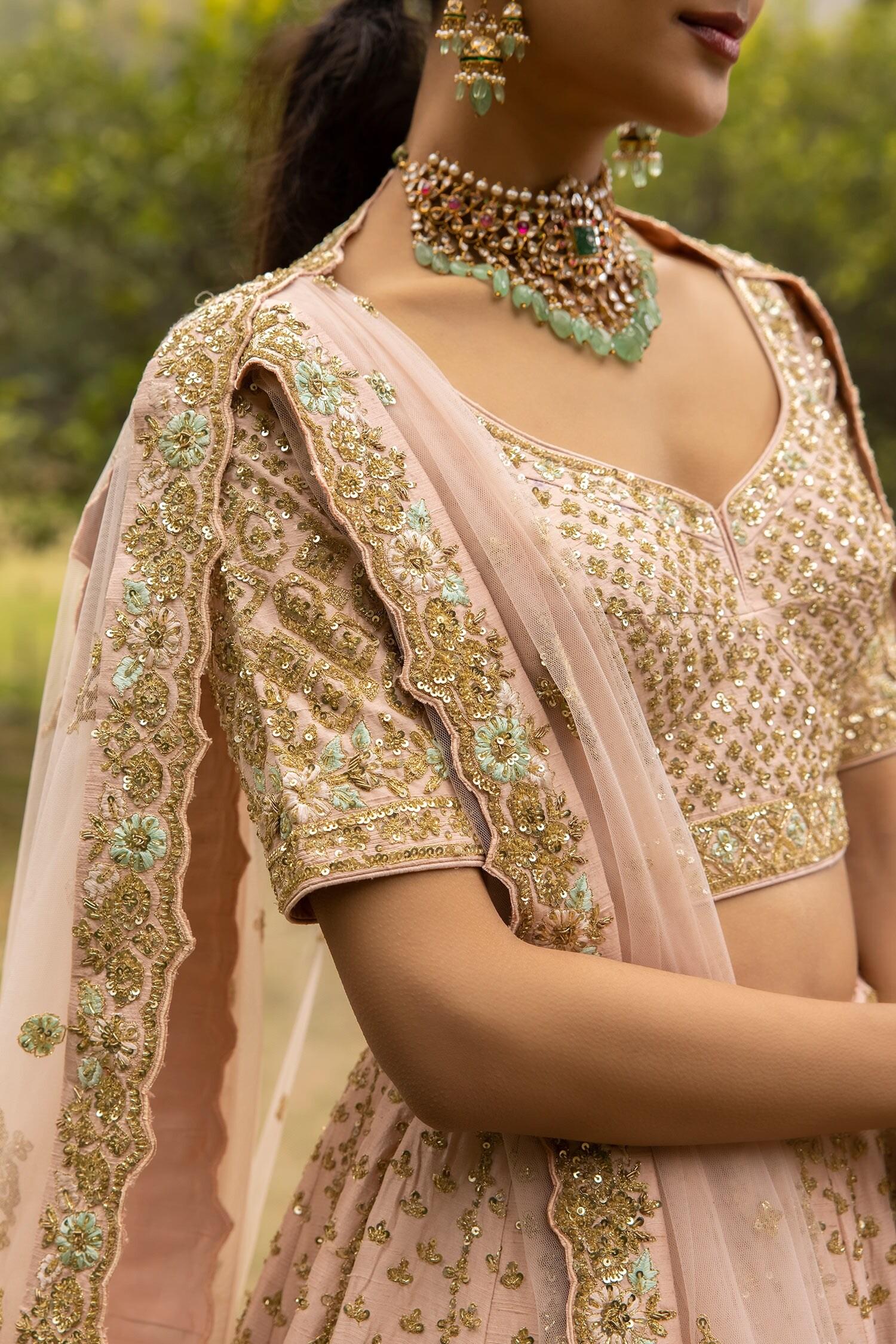 Peach Dupattas- Net, Lehenga And Blouse- Raw Silk Zardozi Embroidered Bridal Set - Designer Kurta Set