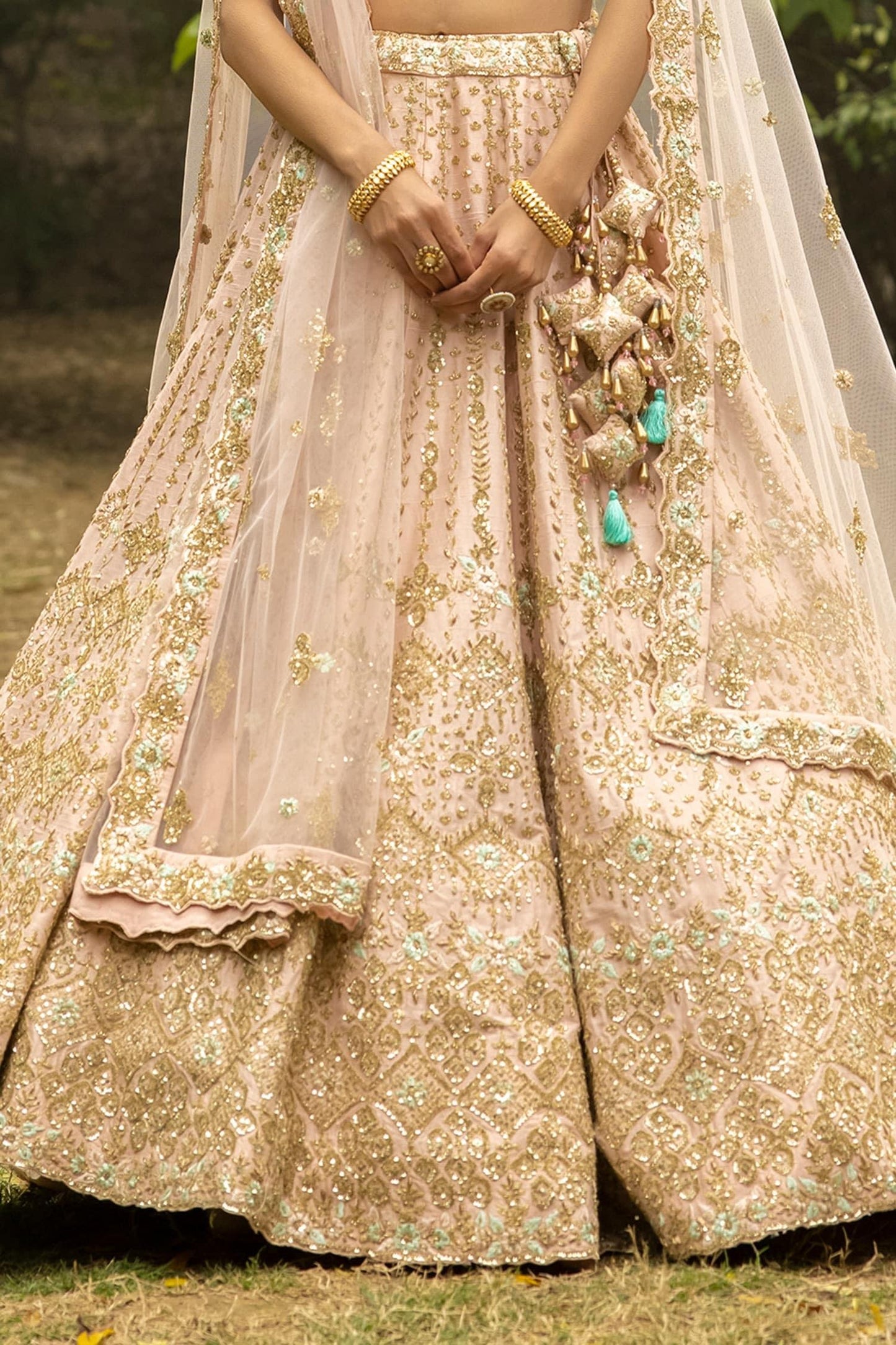 Peach Dupattas- Net, Lehenga And Blouse- Raw Silk Zardozi Embroidered Bridal Set - Designer Kurta Set