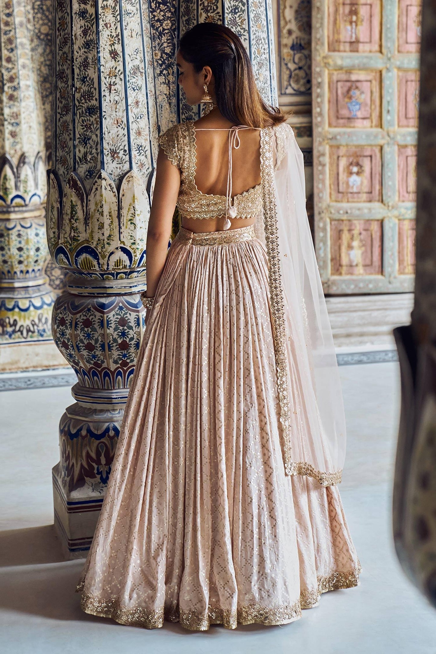 Pink Brocade Sequins, Zari, Embroidery Trellis Pattern Bridal Lehenga Set - Designer Kurta Set