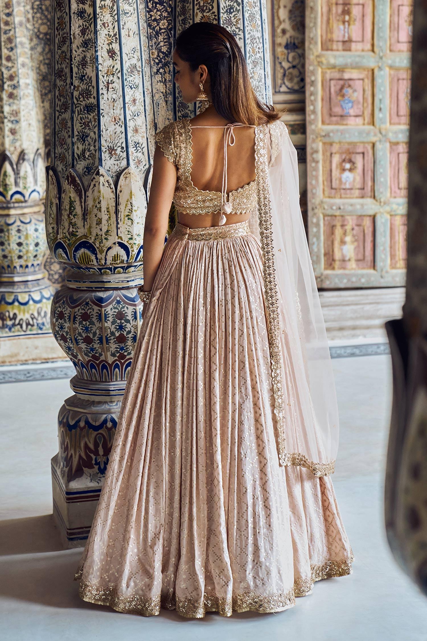 Pink Brocade Sequins, Zari, Embroidery Trellis Pattern Bridal Lehenga Set - Designer Kurta Set