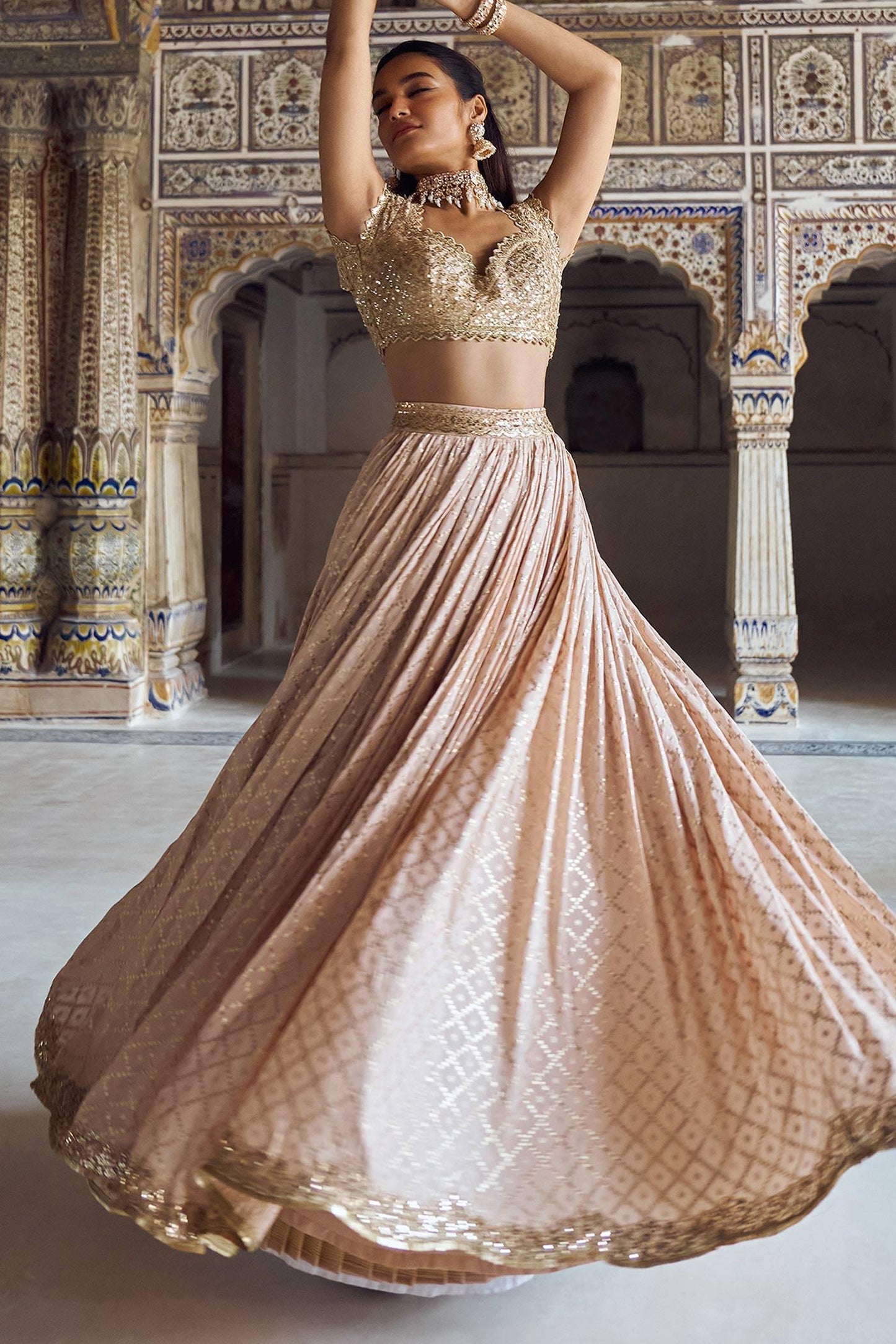 Pink Brocade Sequins, Zari, Embroidery Trellis Pattern Bridal Lehenga Set - Designer Kurta Set