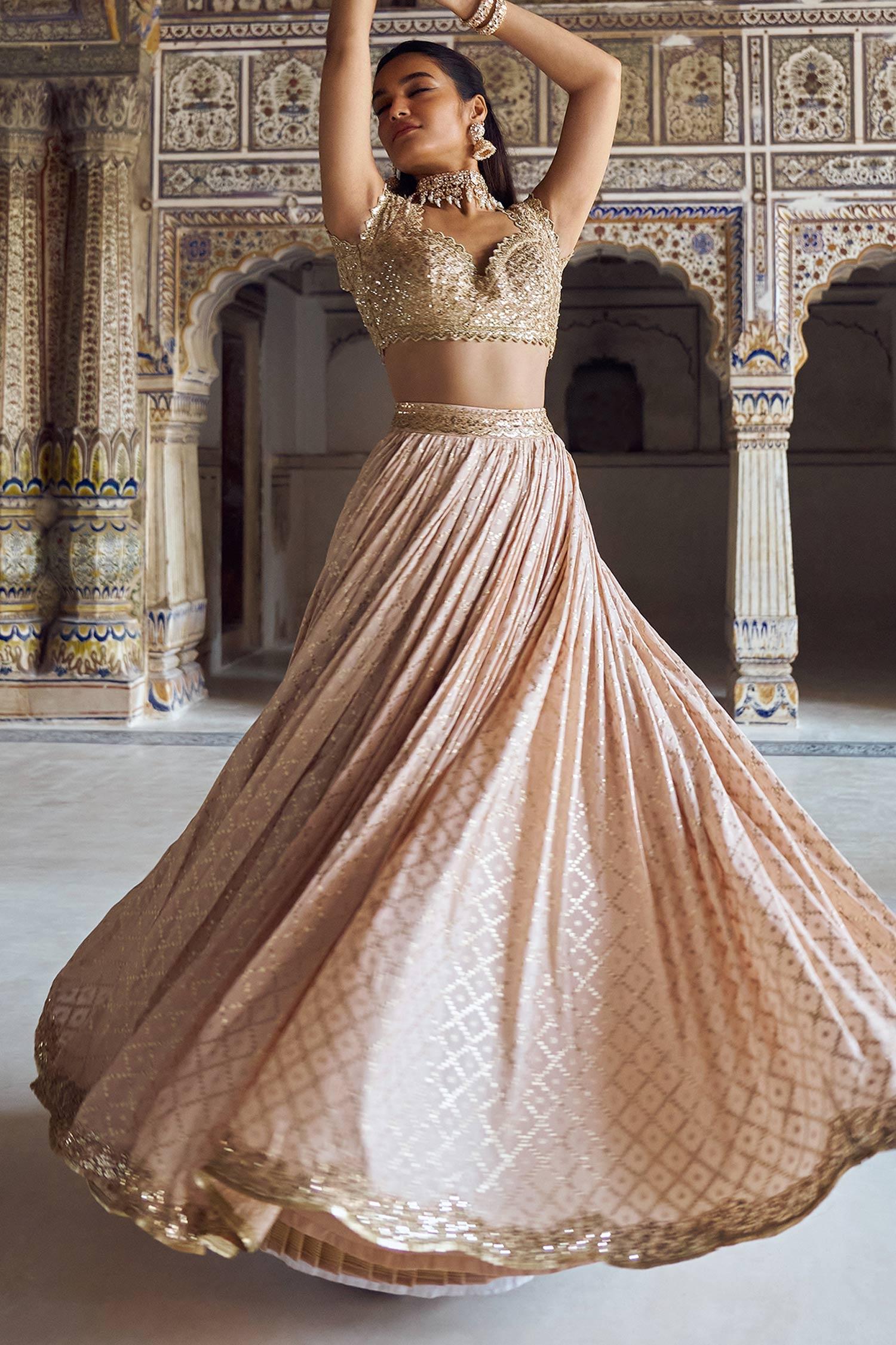 Pink Brocade Sequins, Zari, Embroidery Trellis Pattern Bridal Lehenga Set - Designer Kurta Set