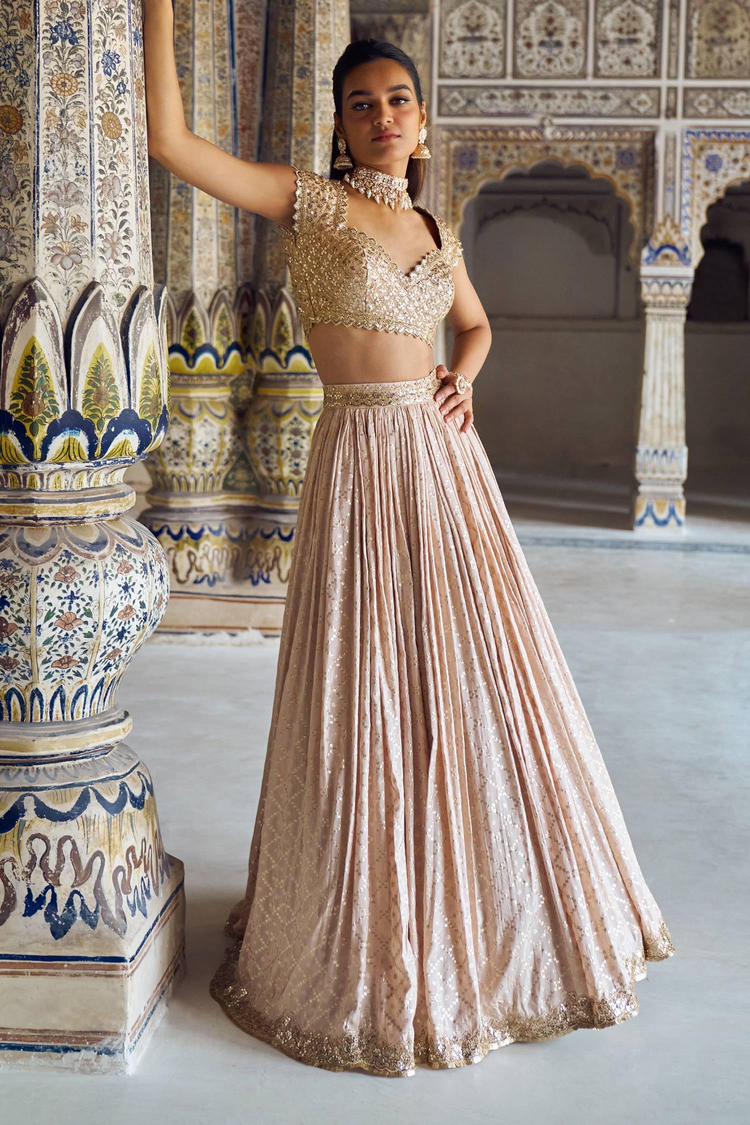 Pink Brocade Sequins, Zari, Embroidery Trellis Pattern Bridal Lehenga Set - Designer Kurta Set