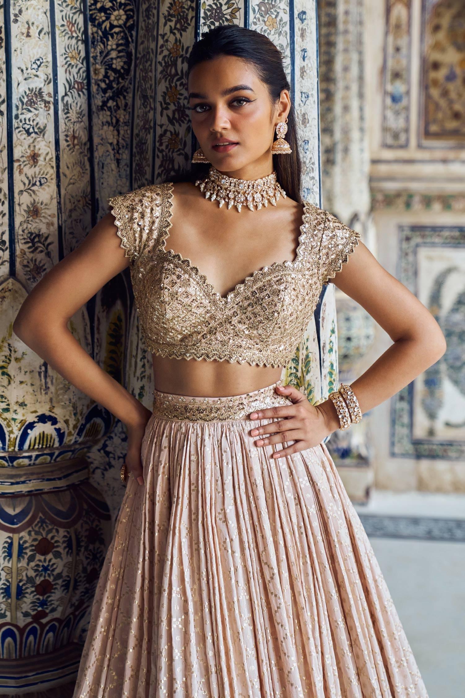 Pink Brocade Sequins, Zari, Embroidery Trellis Pattern Bridal Lehenga Set - Designer Kurta Set