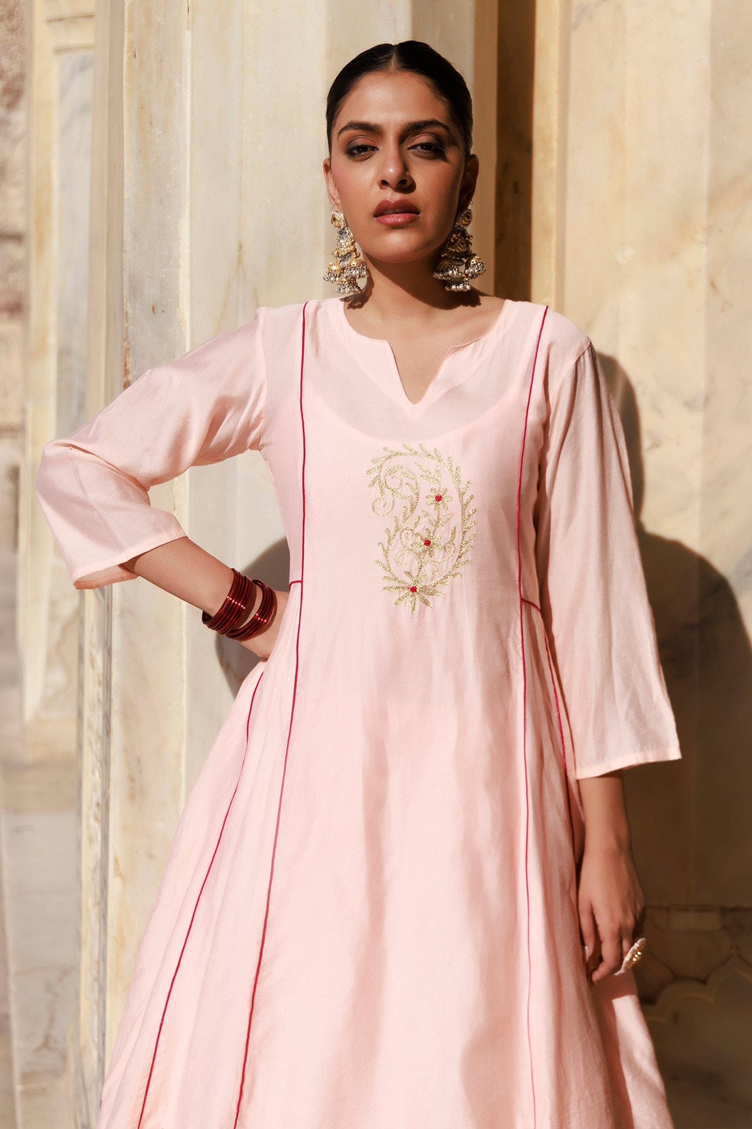 Pink Chanderi Embroidery Anarkali Set - Designer Kurta Set