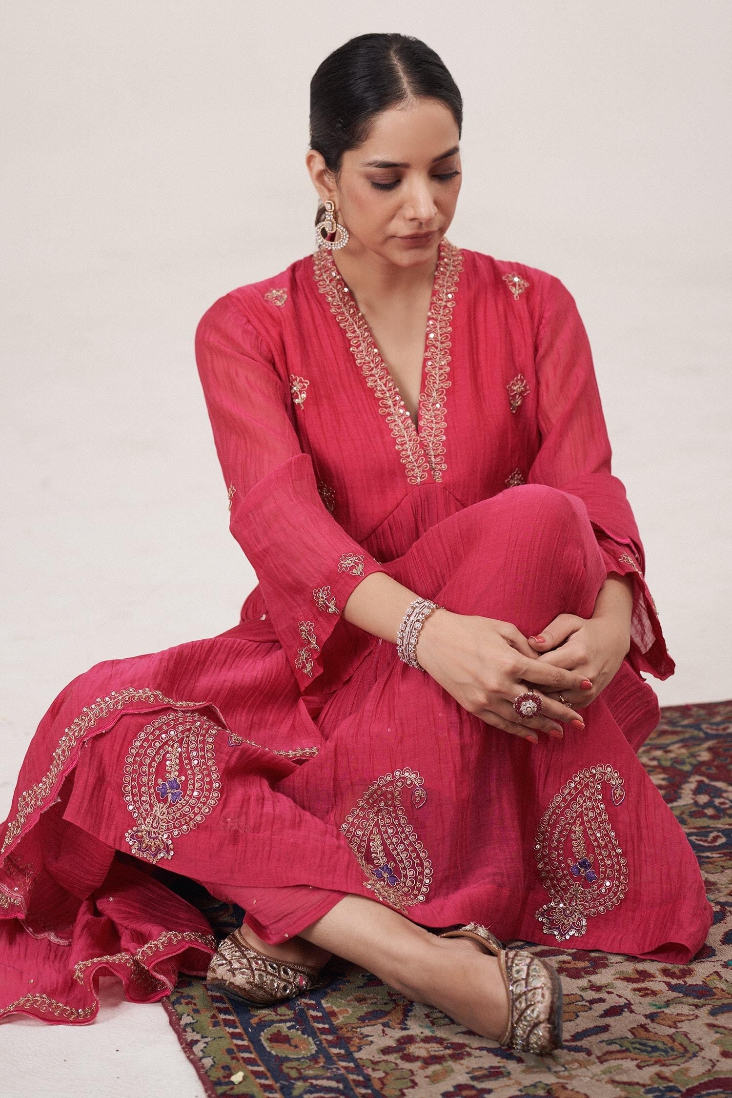 Pink Chanderi Embroidery V-neck Marodi Anarkali Pant Set - Designer Kurta Set