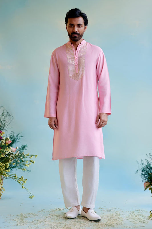 Kurta With Pant Pink Chanderi Gota Patti Lace Embellished