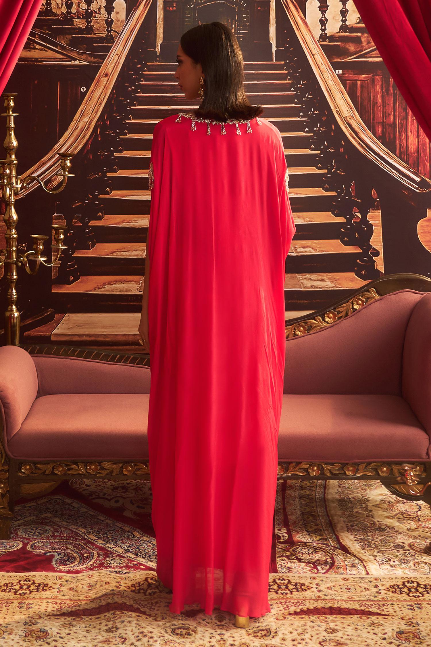 Pink Chiffon, Satin Beads, Cut Work Soni Tassel Embroidered Draped Kaftan - Designer Kurta Set