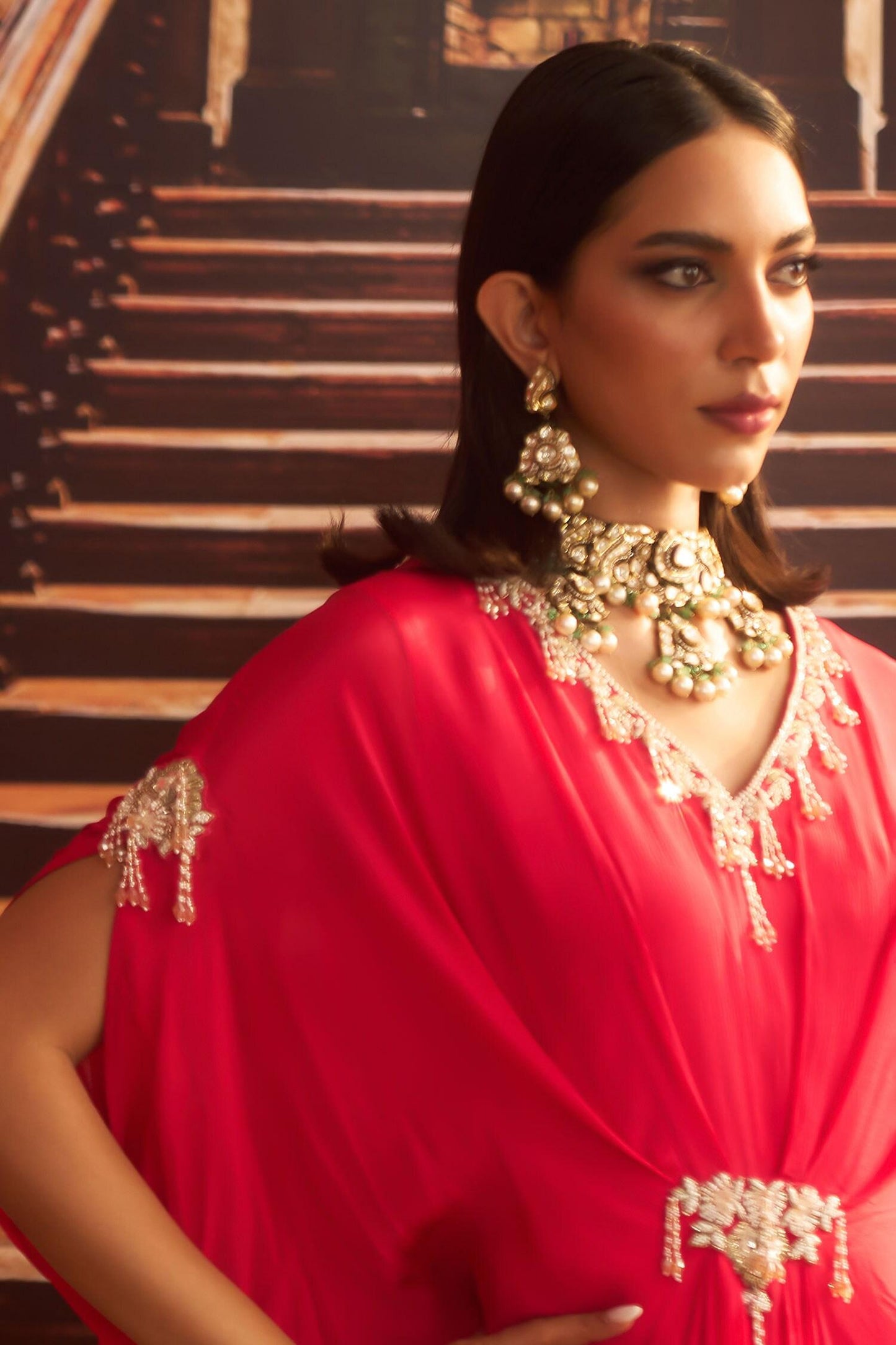 Pink Chiffon, Satin Beads, Cut Work Soni Tassel Embroidered Draped Kaftan - Designer Kurta Set
