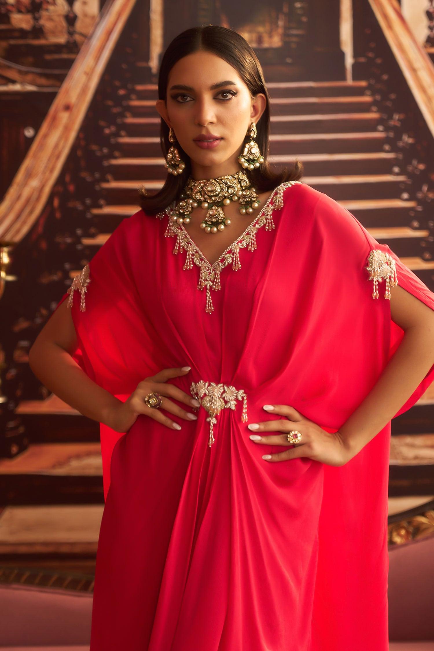Pink Chiffon, Satin Beads, Cut Work Soni Tassel Embroidered Draped Kaftan - Designer Kurta Set