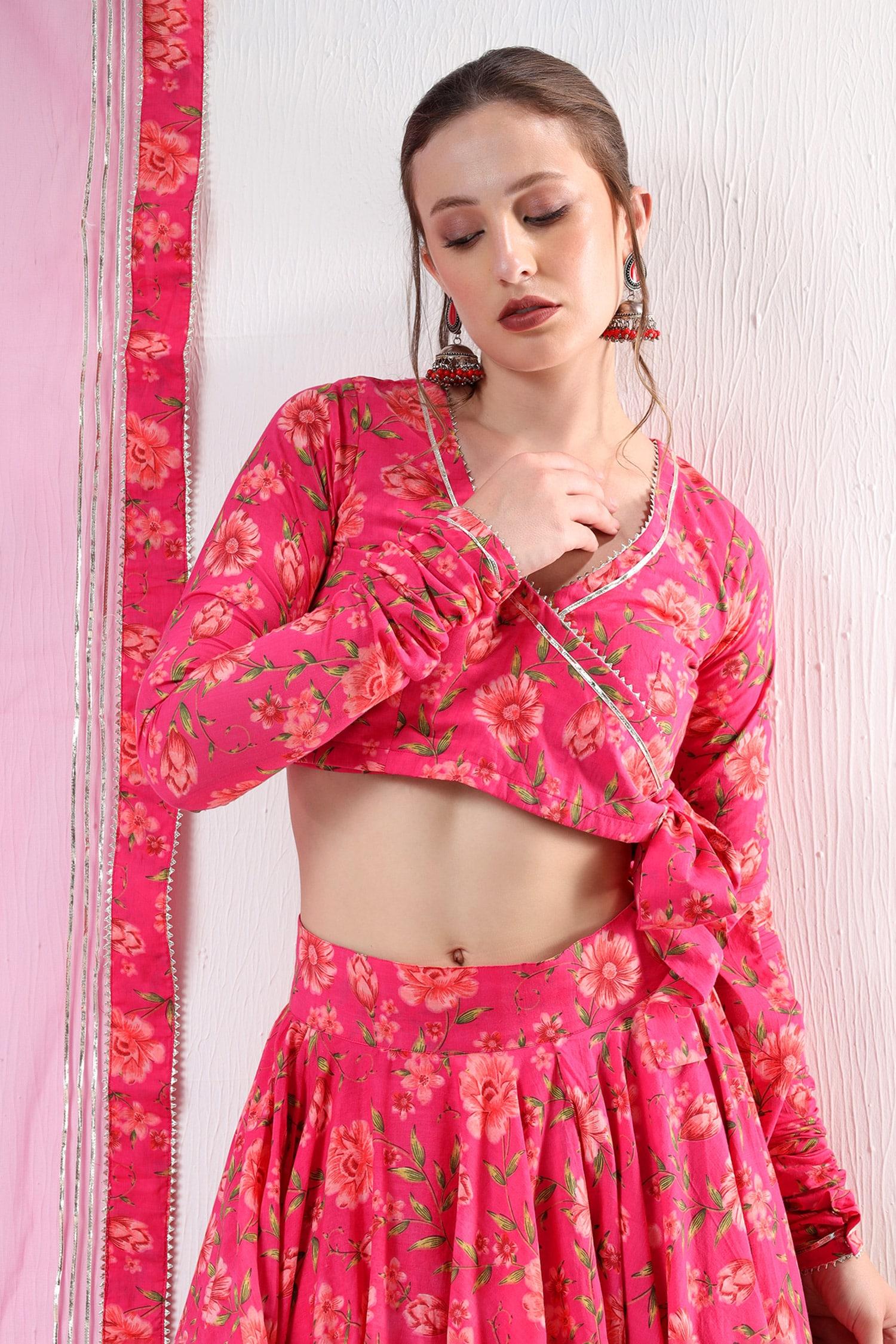 Pink Cotton, Organza Embroidery, Gota Patti Floral Pattern Blouse Lehenga Set - Designer Kurta Set