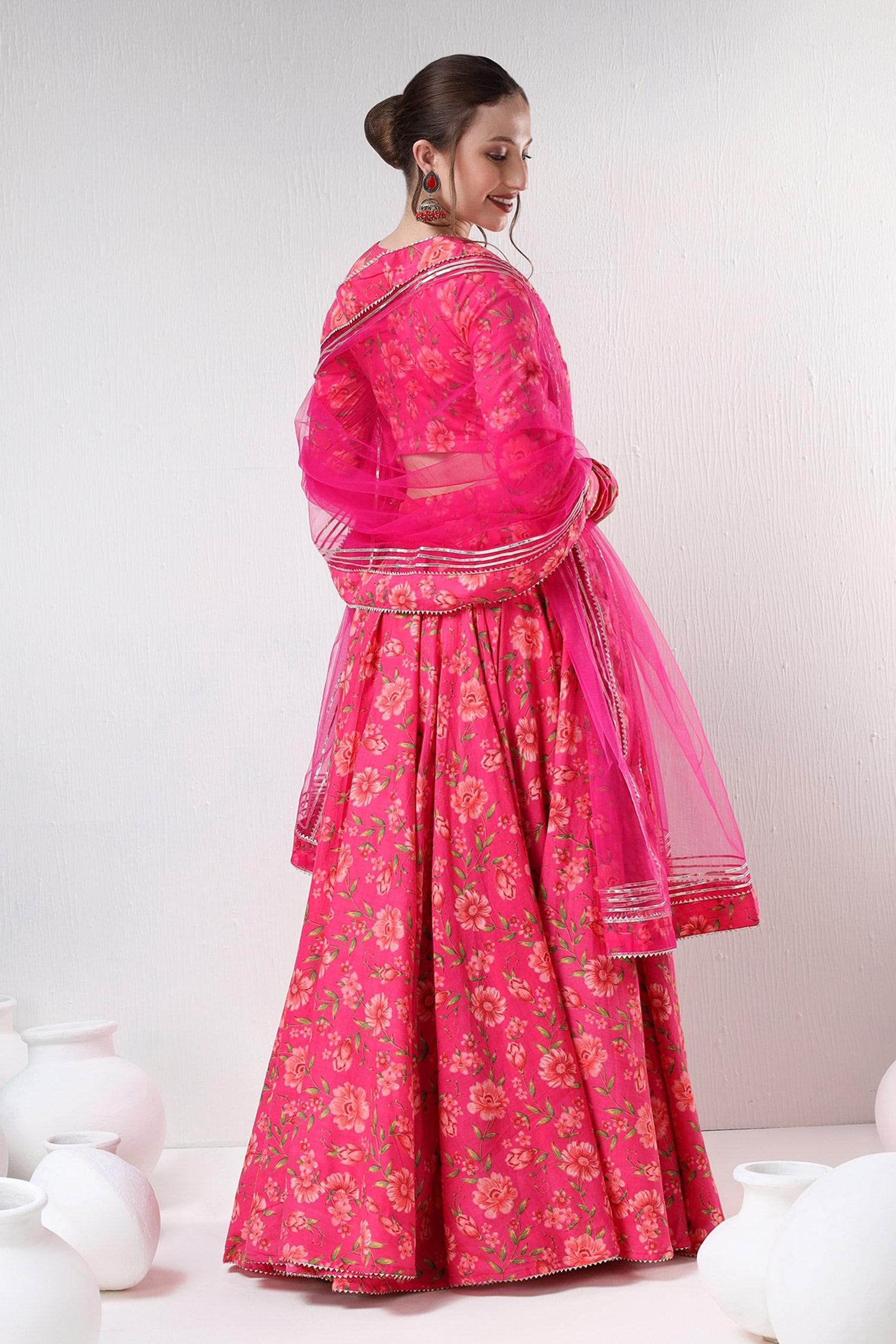 Pink Cotton, Organza Embroidery, Gota Patti Floral Pattern Blouse Lehenga Set - Designer Kurta Set