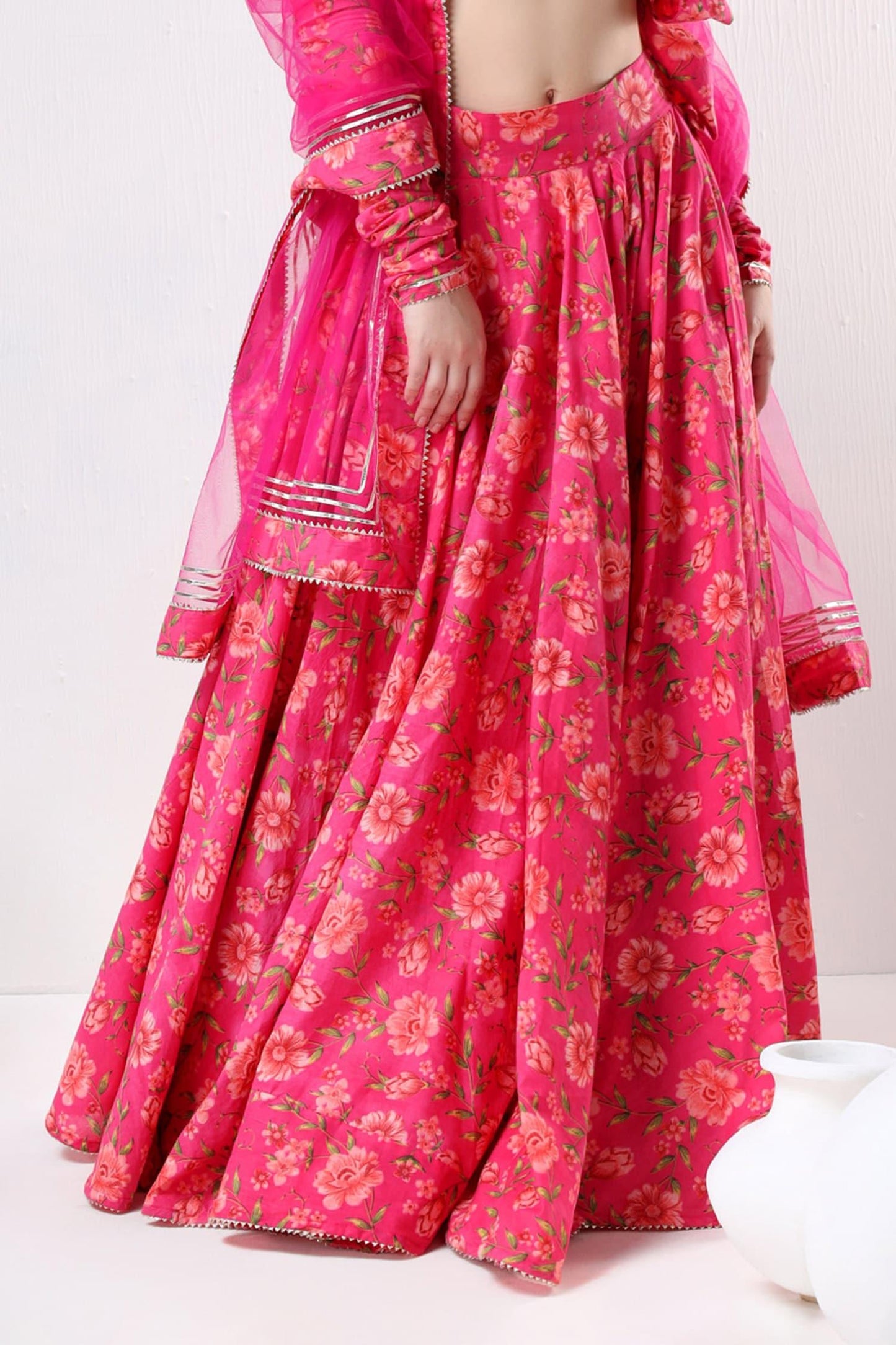 Pink Cotton, Organza Embroidery, Gota Patti Floral Pattern Blouse Lehenga Set - Designer Kurta Set