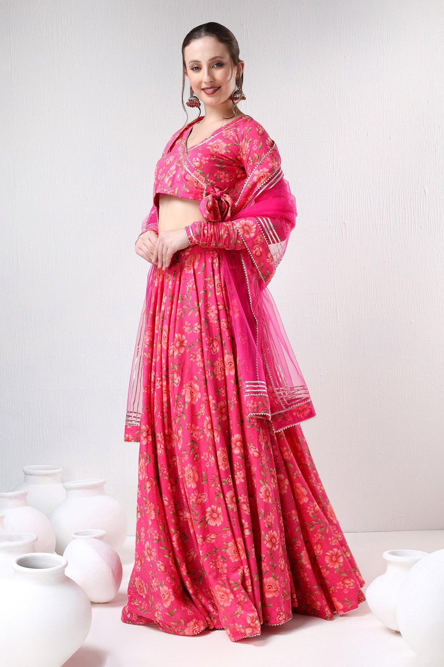 Pink Cotton, Organza Embroidery, Gota Patti Floral Pattern Blouse Lehenga Set - Designer Kurta Set