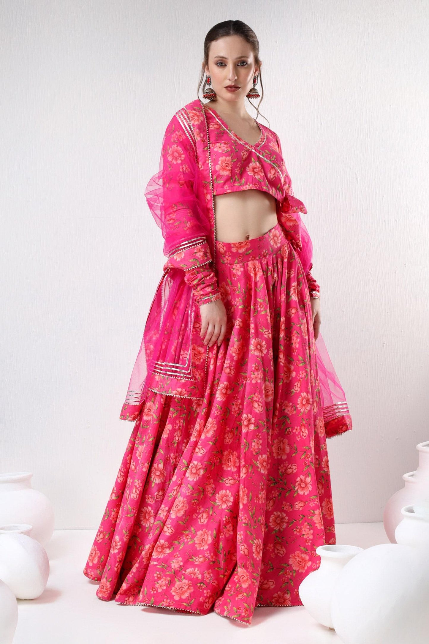 Pink Cotton, Organza Embroidery, Gota Patti Floral Pattern Blouse Lehenga Set - Designer Kurta Set