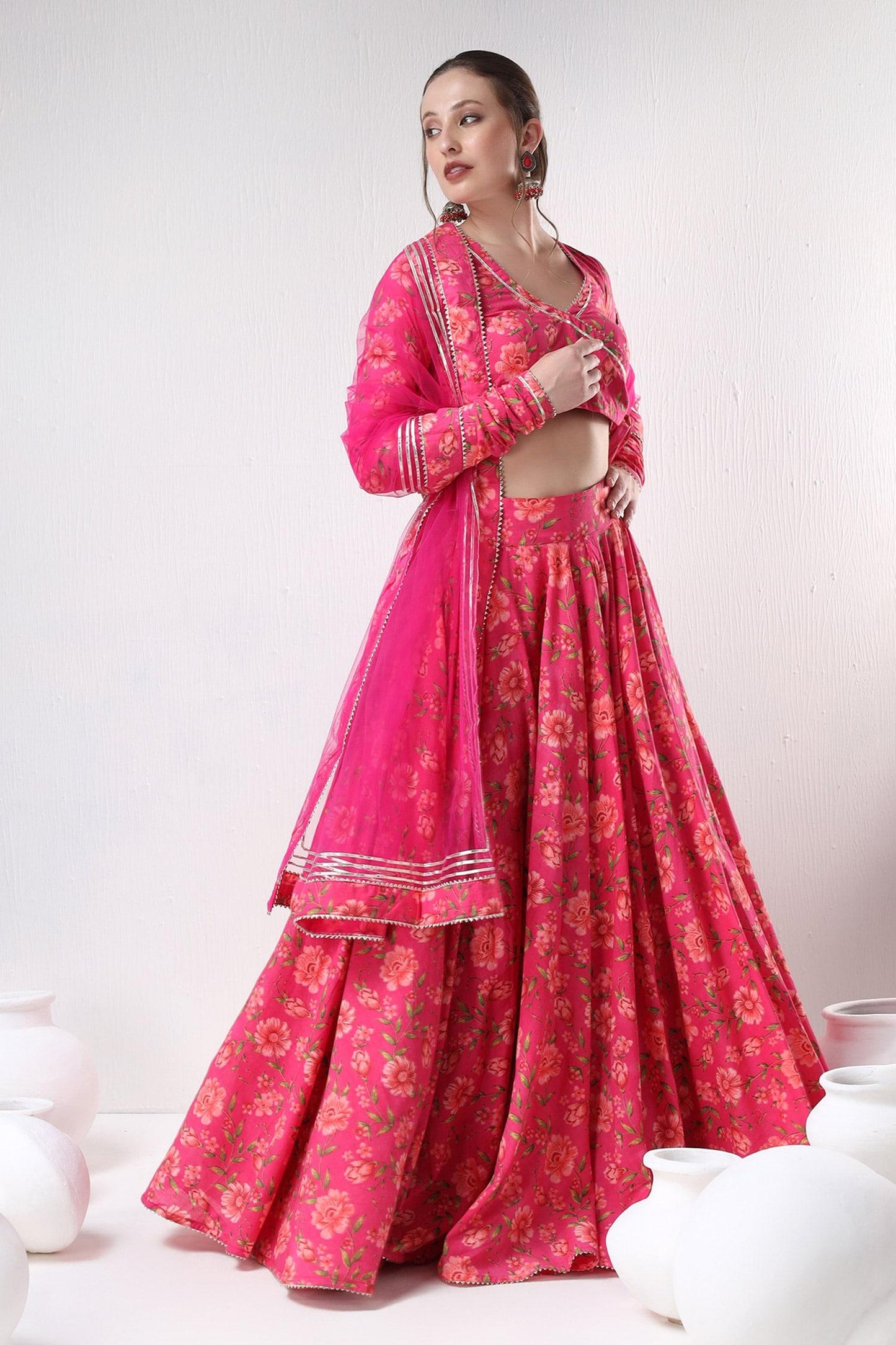 Pink Cotton, Organza Embroidery, Gota Patti Floral Pattern Blouse Lehenga Set - Designer Kurta Set