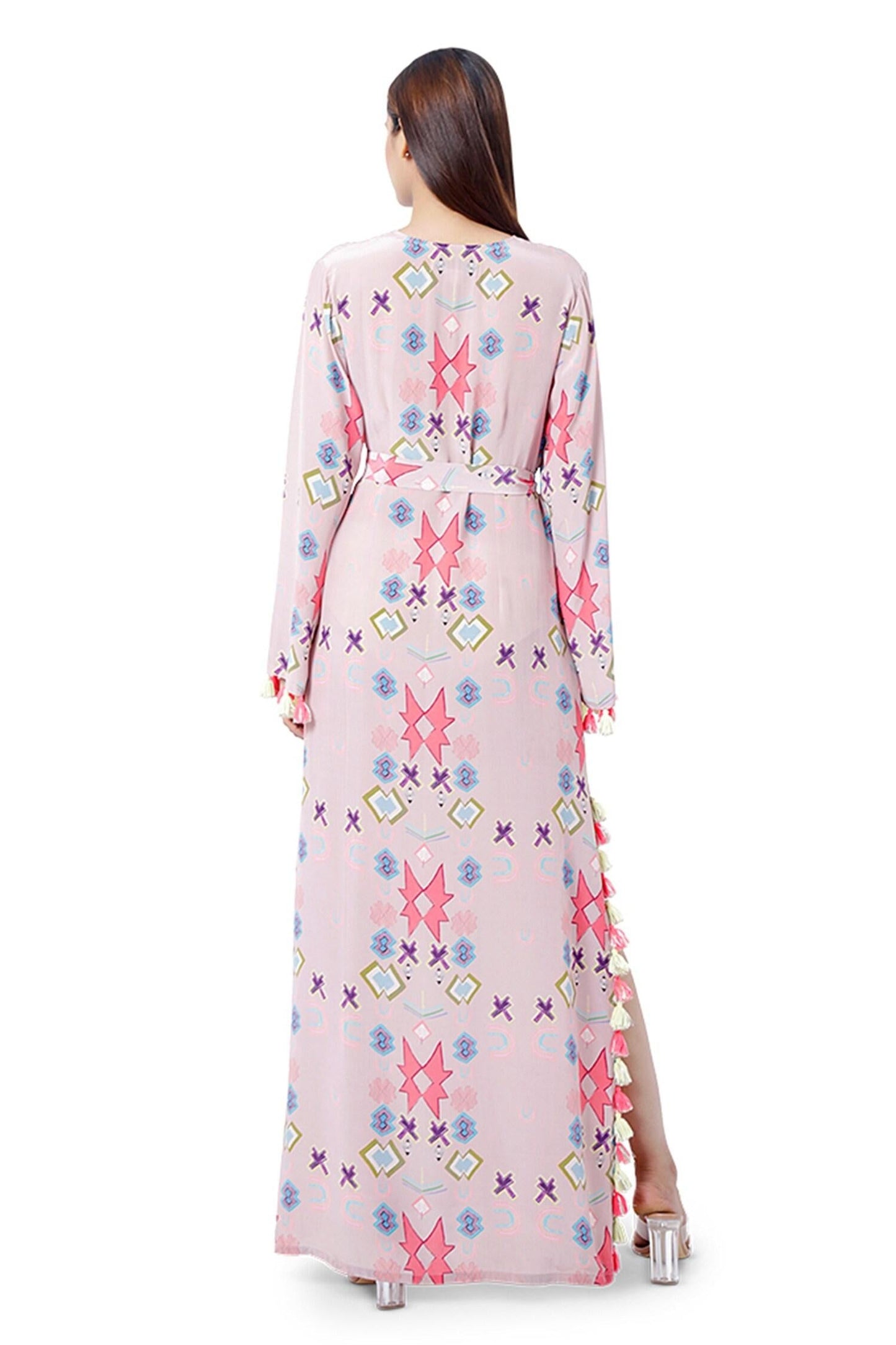 Pink Crepe Ikat Star Motif V Neck Print Kaftan - Designer Kurta Set