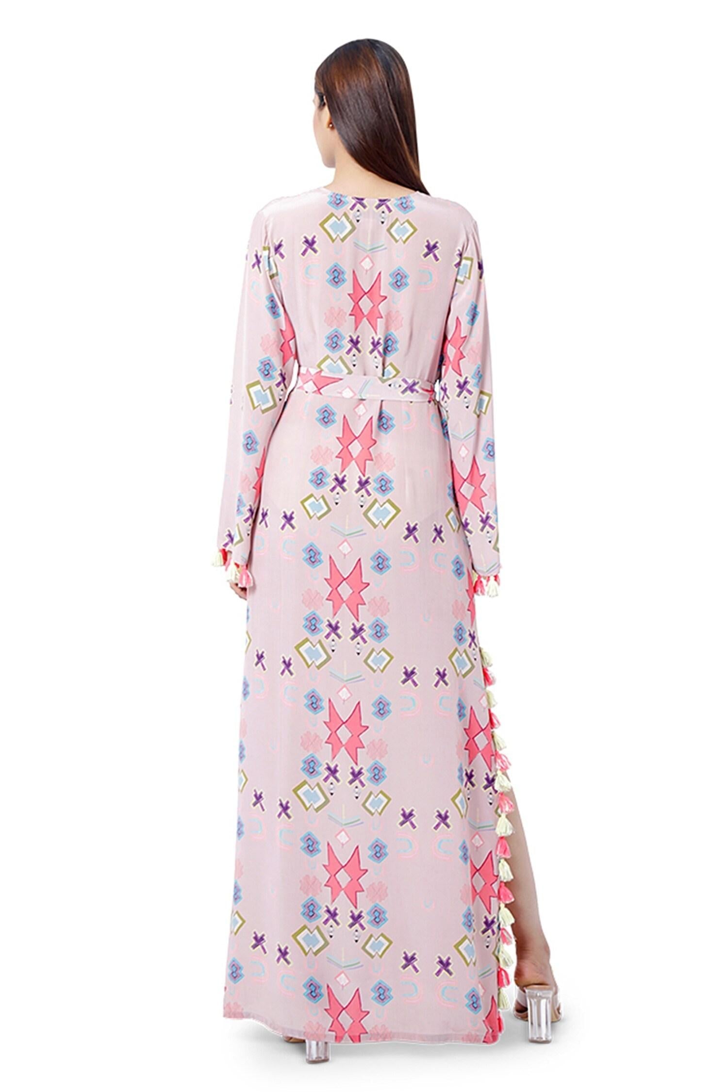 Pink Crepe Ikat Star Motif V Neck Print Kaftan - Designer Kurta Set