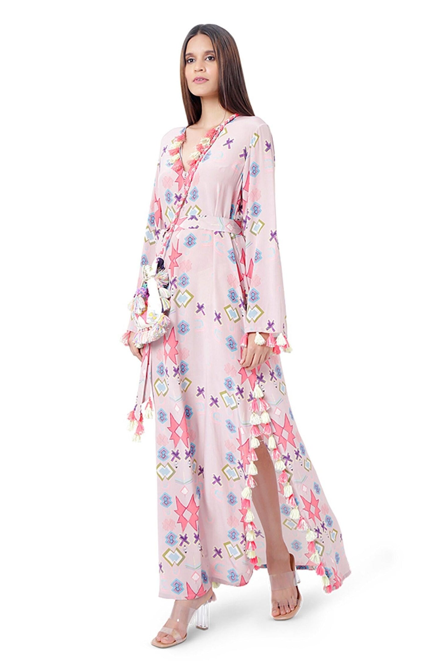 Pink Crepe Ikat Star Motif V Neck Print Kaftan - Designer Kurta Set