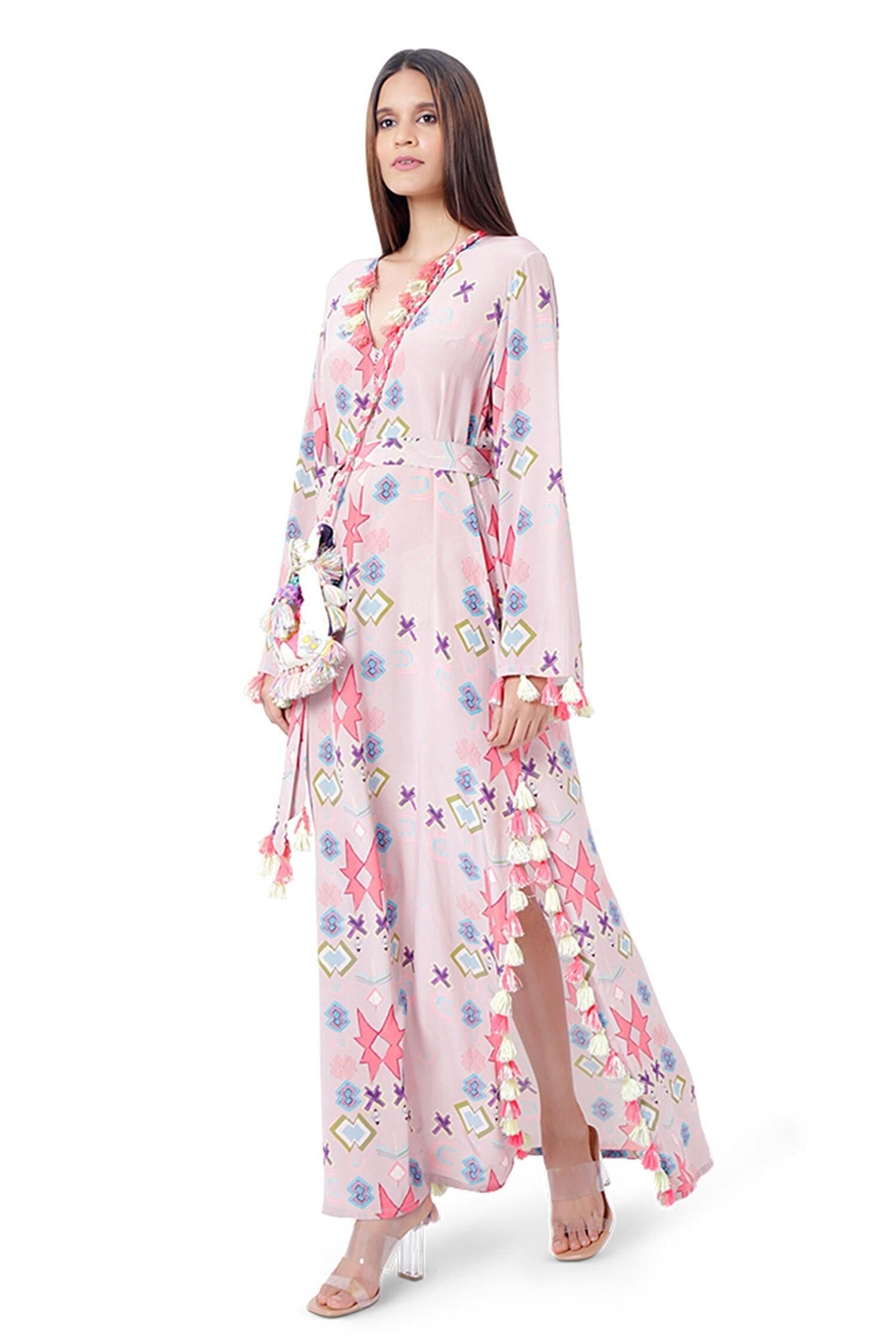 Pink Crepe Ikat Star Motif V Neck Print Kaftan - Designer Kurta Set