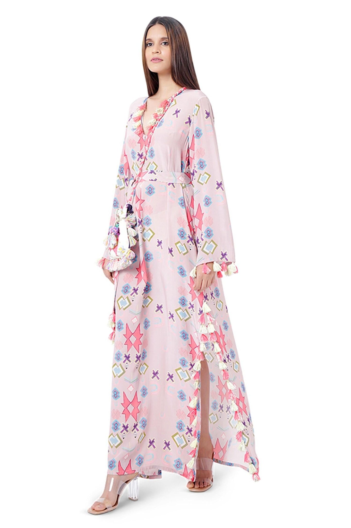 Pink Crepe Ikat Star Motif V Neck Print Kaftan - Designer Kurta Set