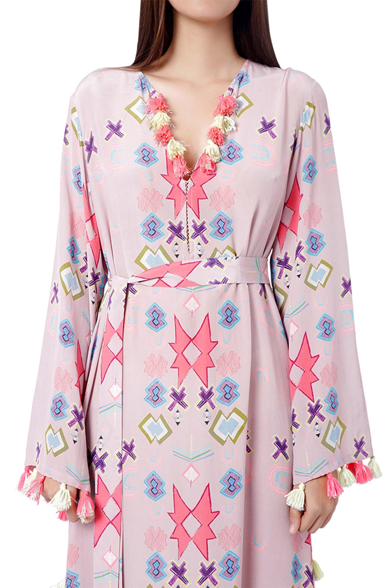 Pink Crepe Ikat Star Motif V Neck Print Kaftan - Designer Kurta Set