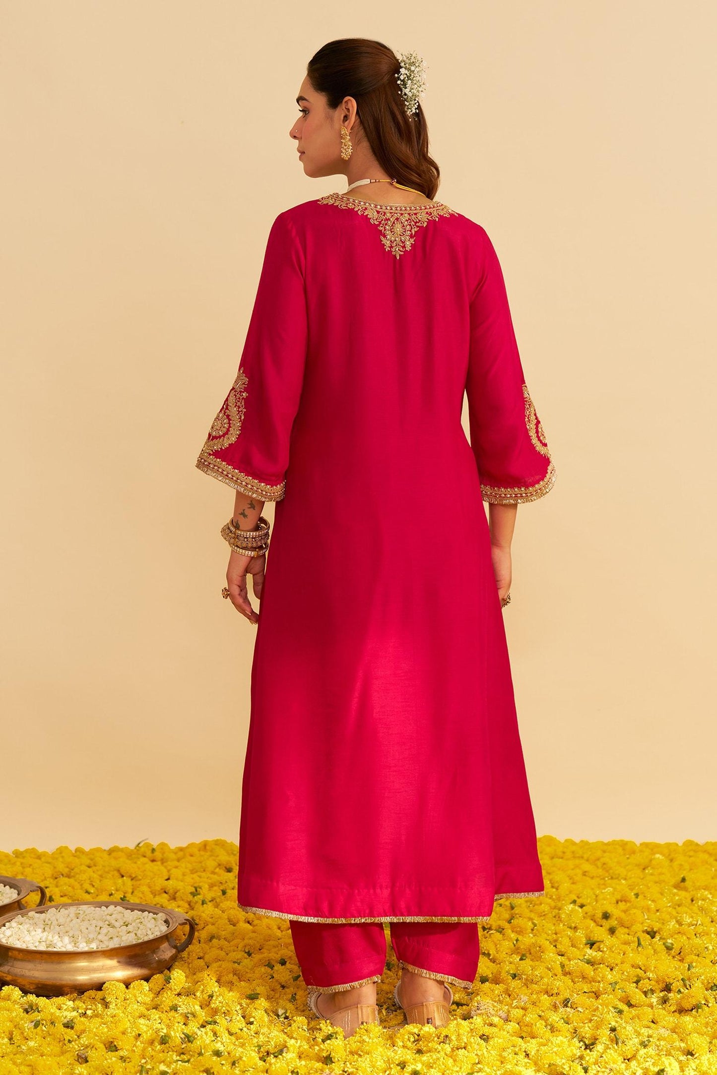 Pink Embroidery Round Neck Haayat Kaftan Set - Designer Kurta Set