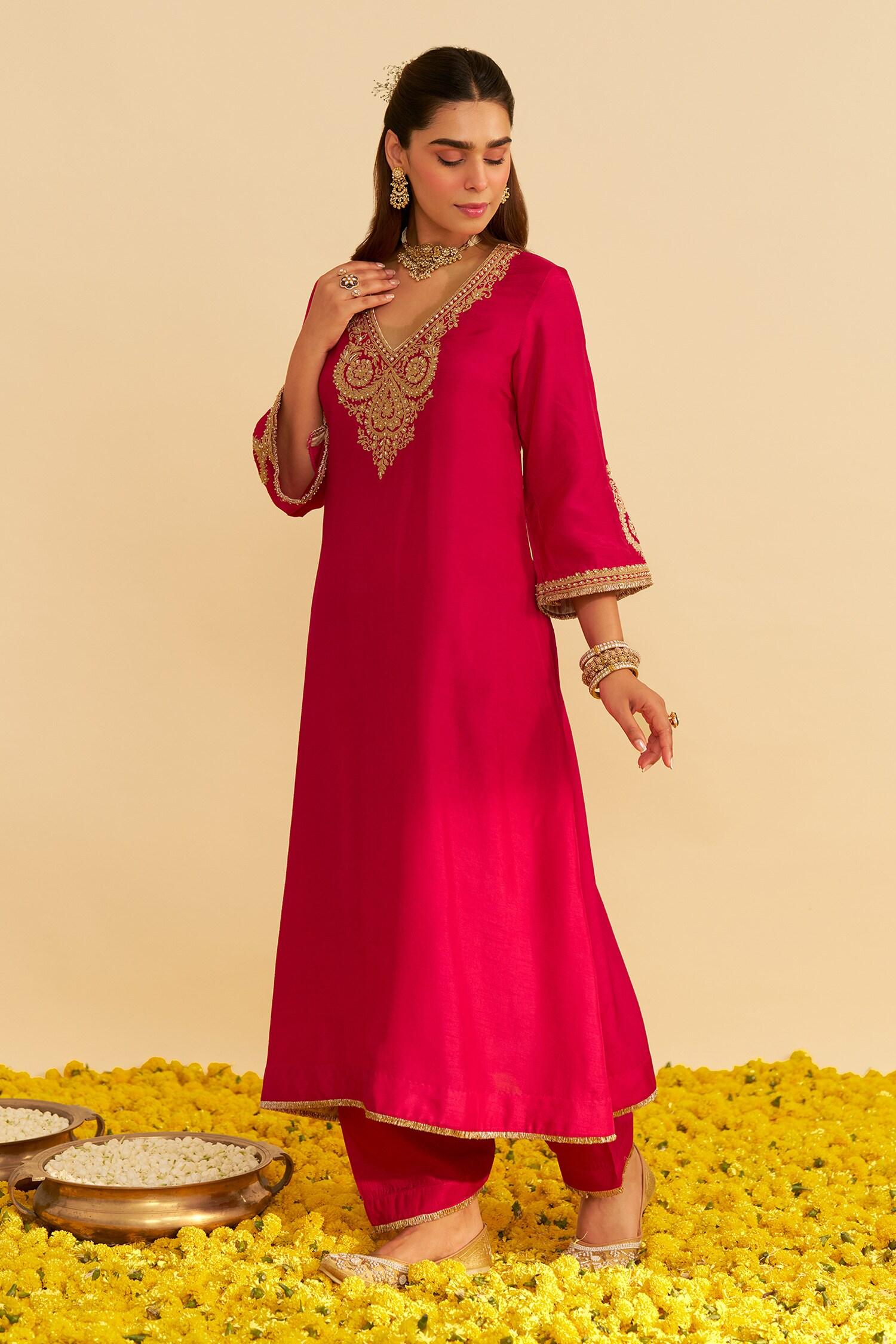 Pink Embroidery Round Neck Haayat Kaftan Set - Designer Kurta Set