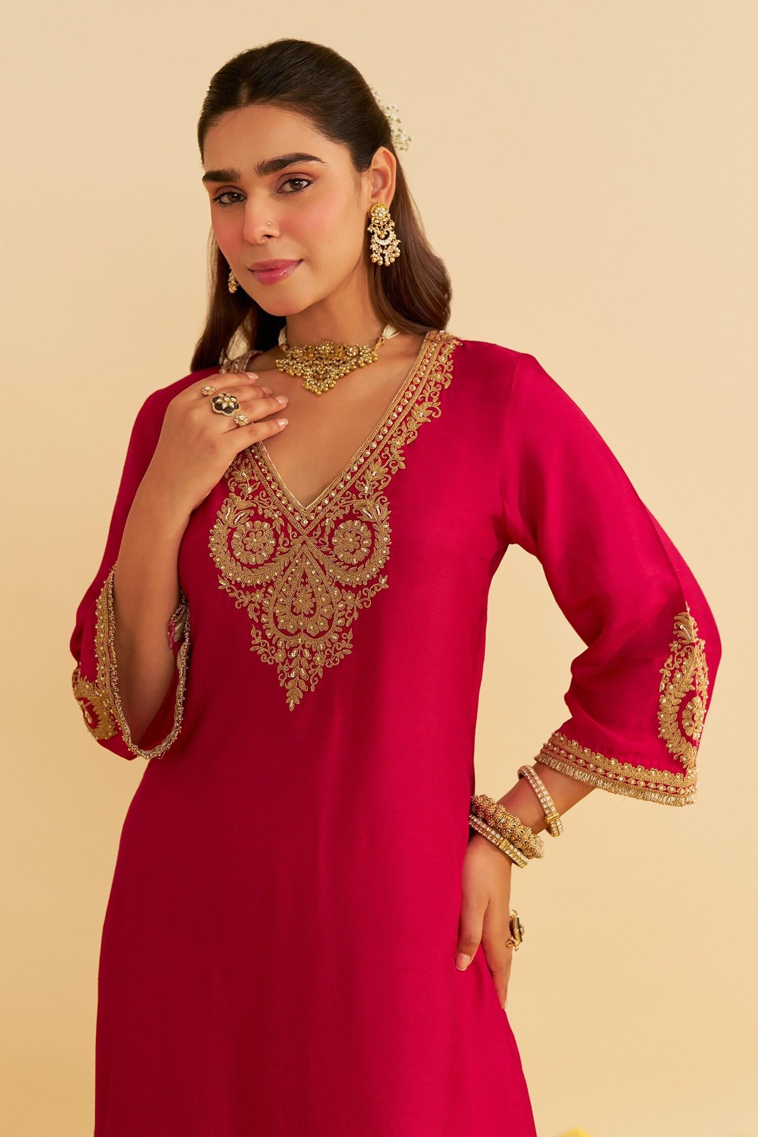 Pink Embroidery Round Neck Haayat Kaftan Set - Designer Kurta Set