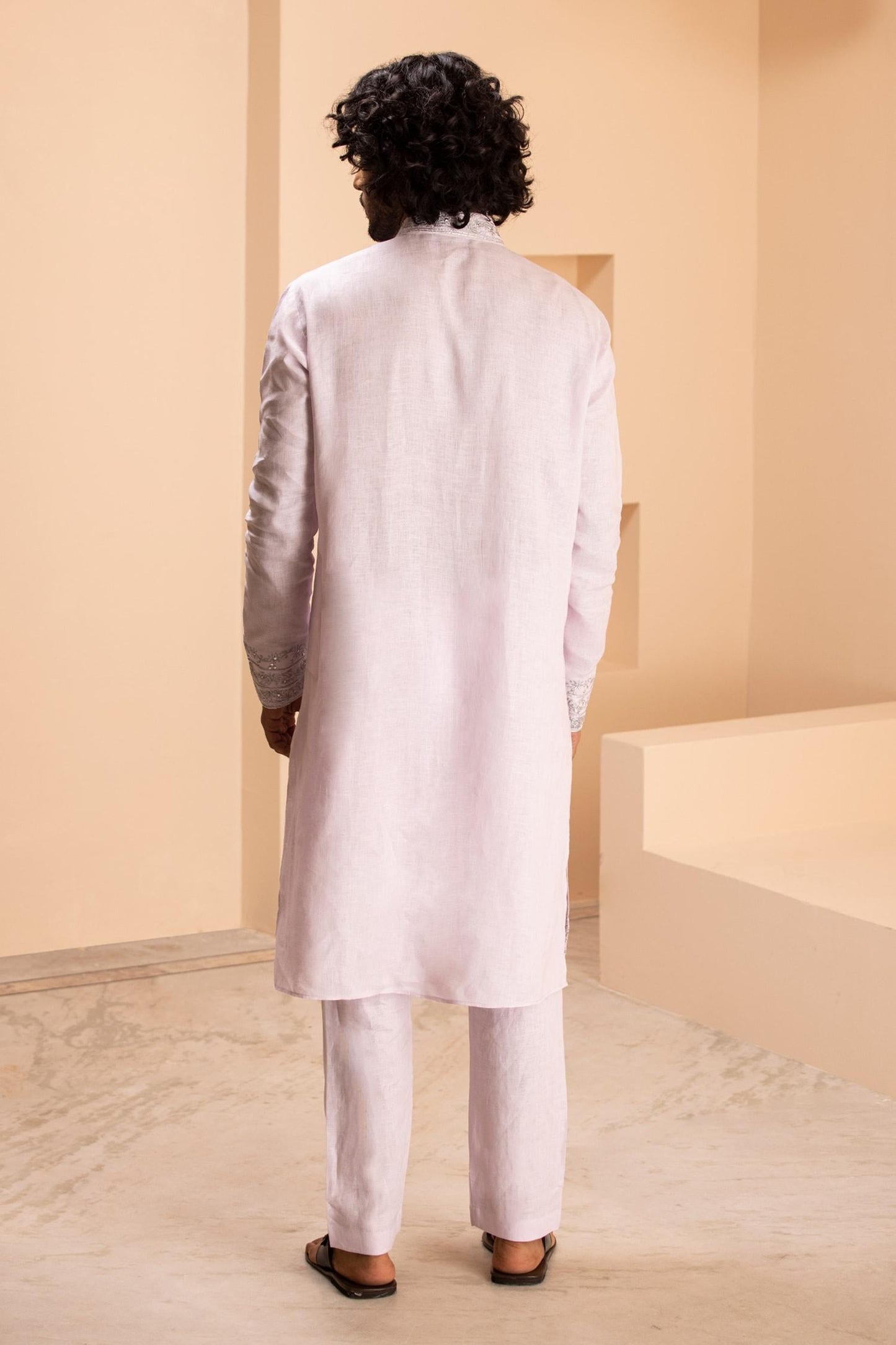 Kurta With Aligadhi Pink Linen Embroidered Zari Metal