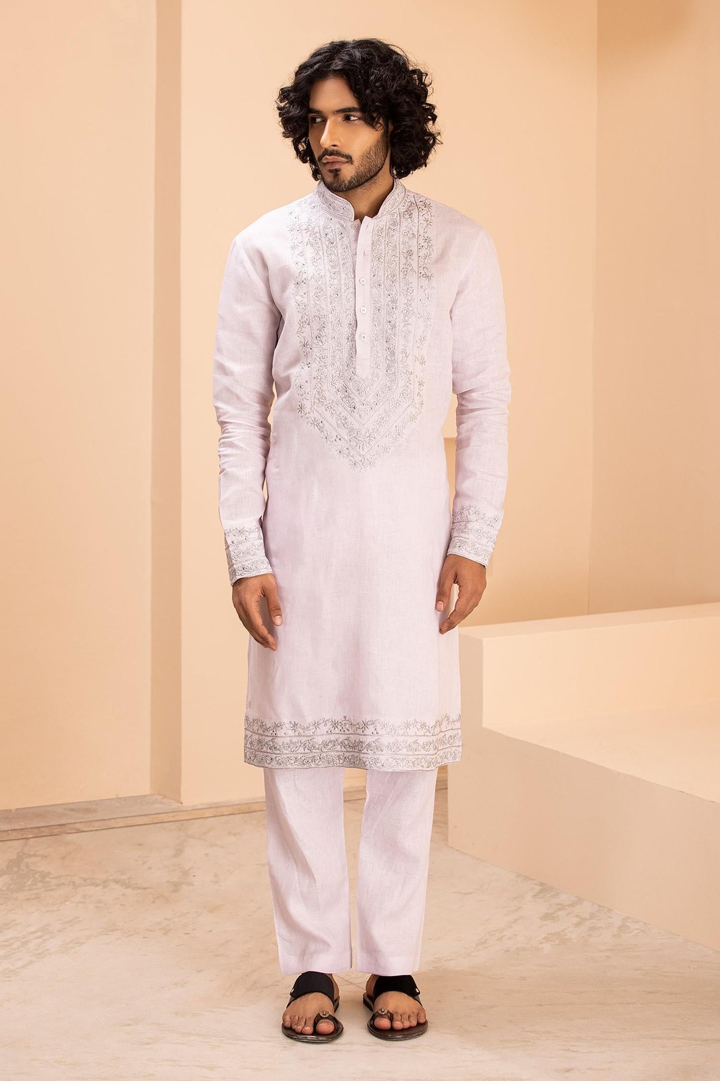 Kurta With Aligadhi Pink Linen Embroidered Zari Metal
