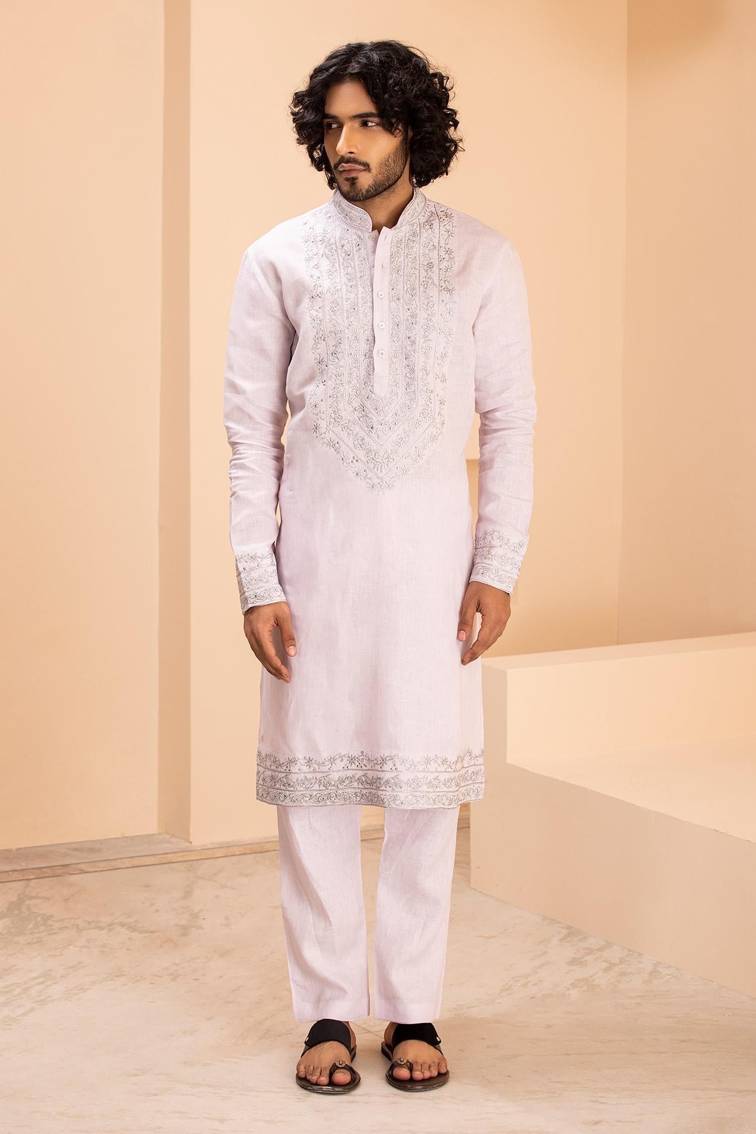 Kurta With Aligadhi Pink Linen Embroidered Zari Metal