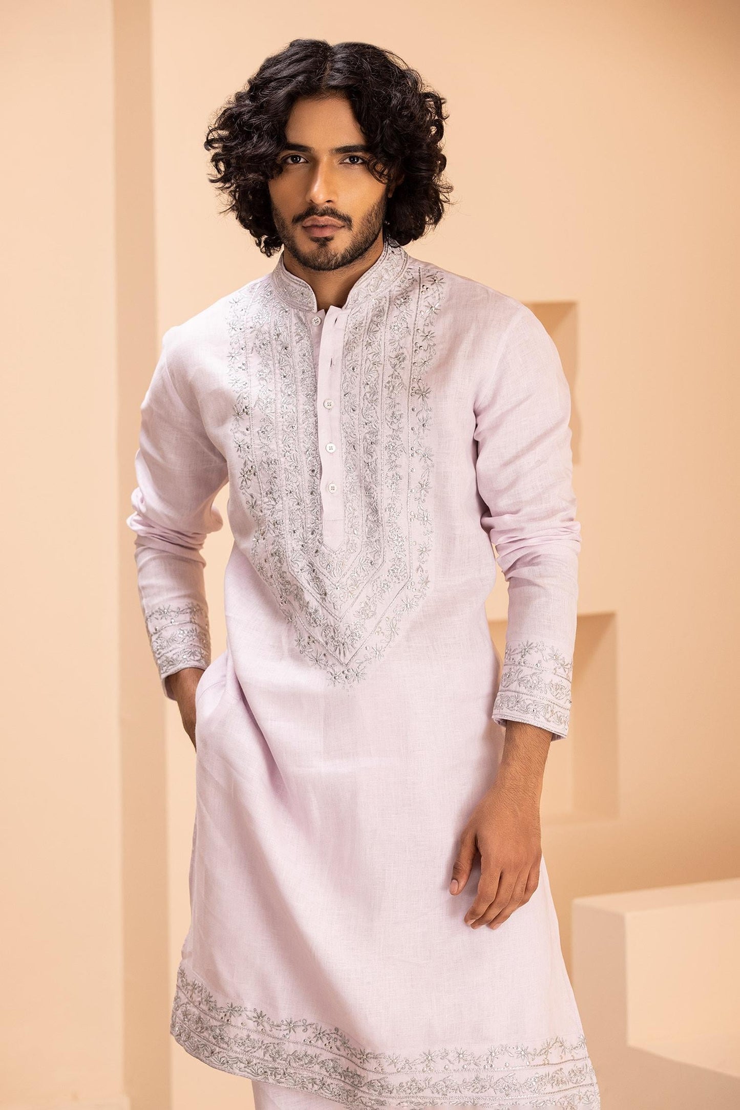 Kurta With Aligadhi Pink Linen Embroidered Zari Metal